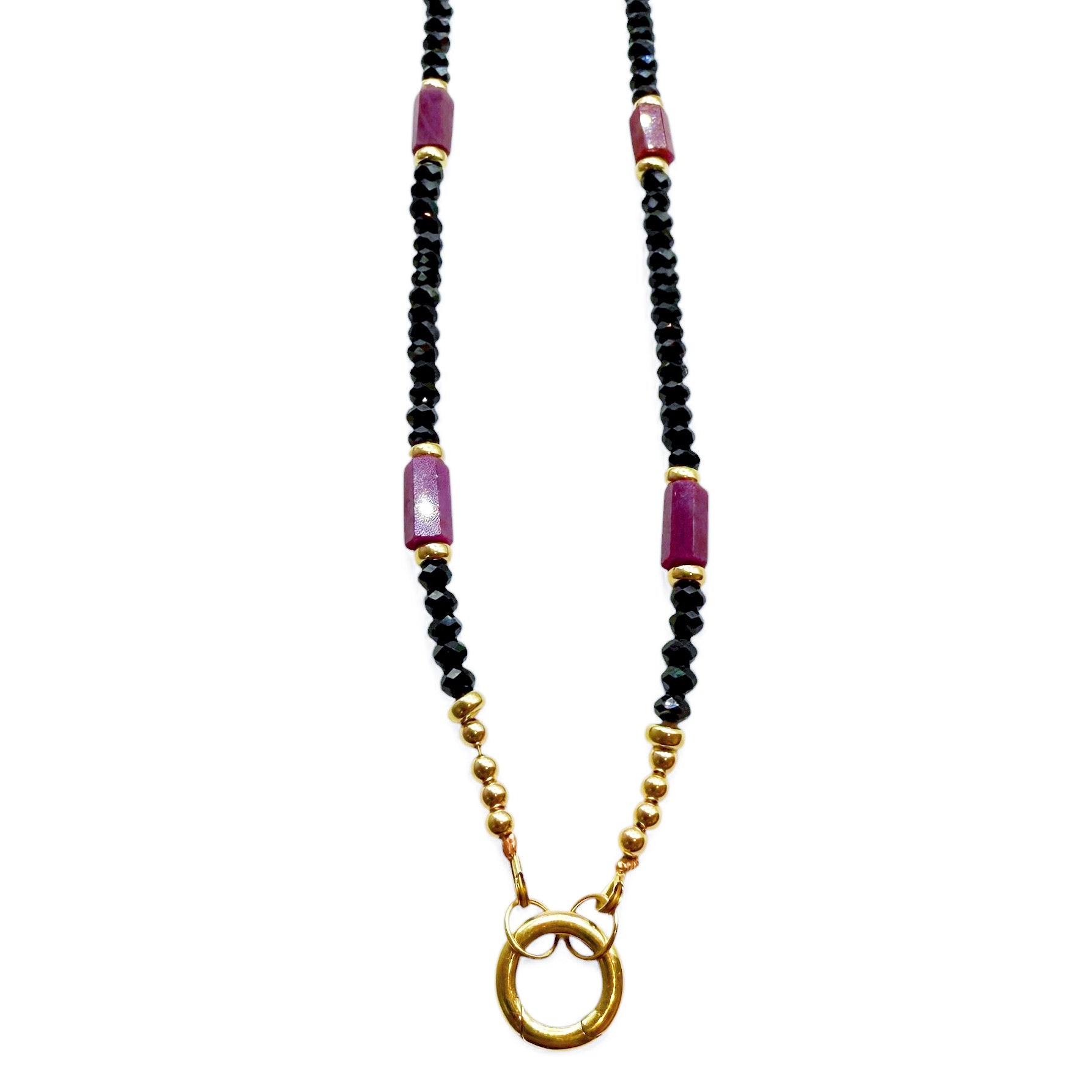 BLACK GEMS WITH RUBY AND 14K GOLD NECKLACE