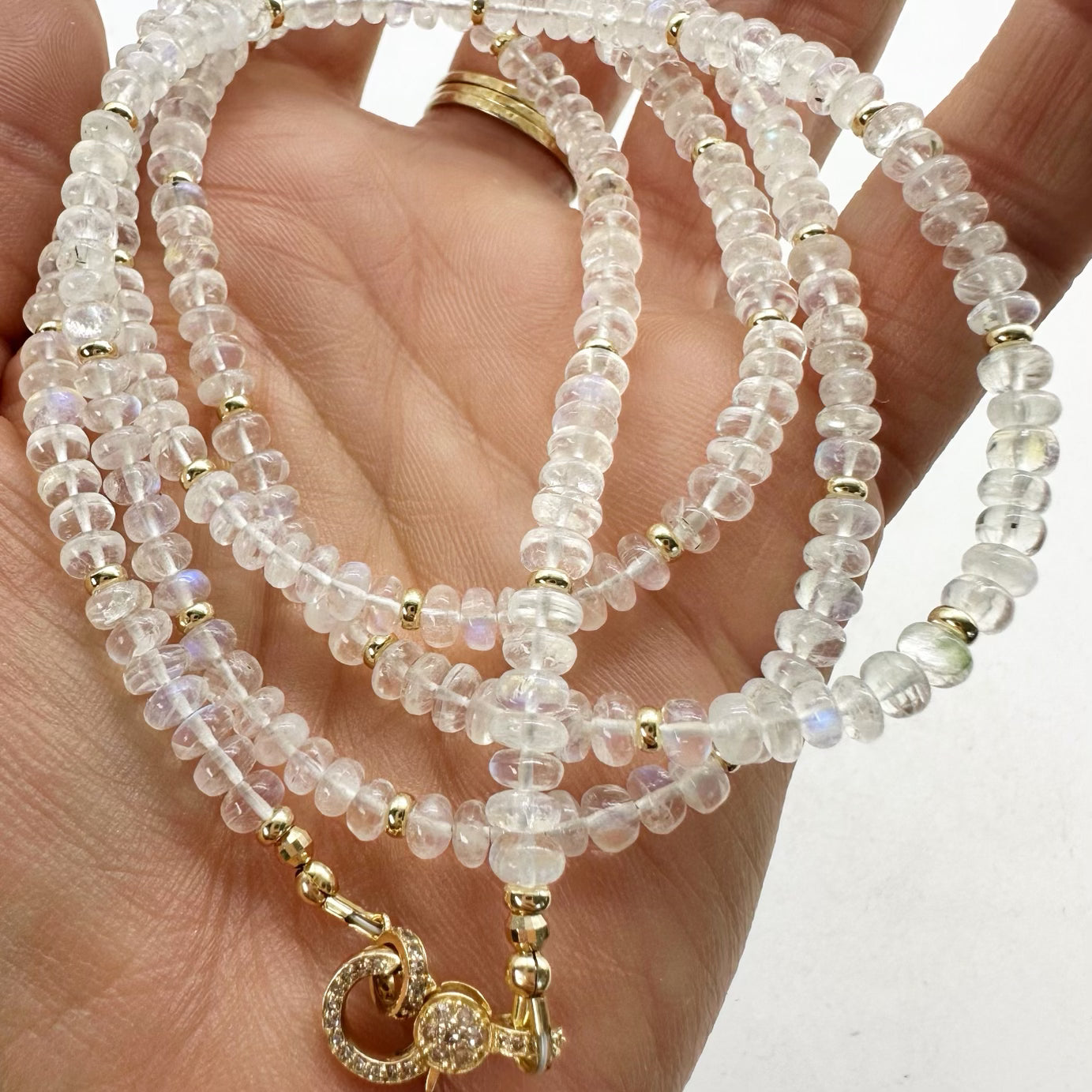 RAINBOW MOONSTONE NECKLACE WITH DIAMOND AND GOLD CLASP