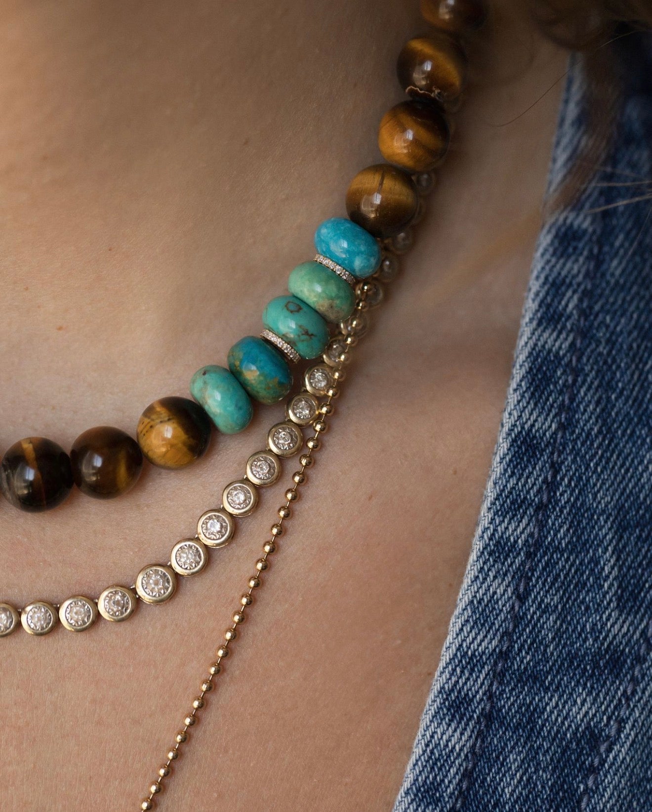 TIGERS EYE, TURQUOISE & DIAMOND BEADED NECKLACE