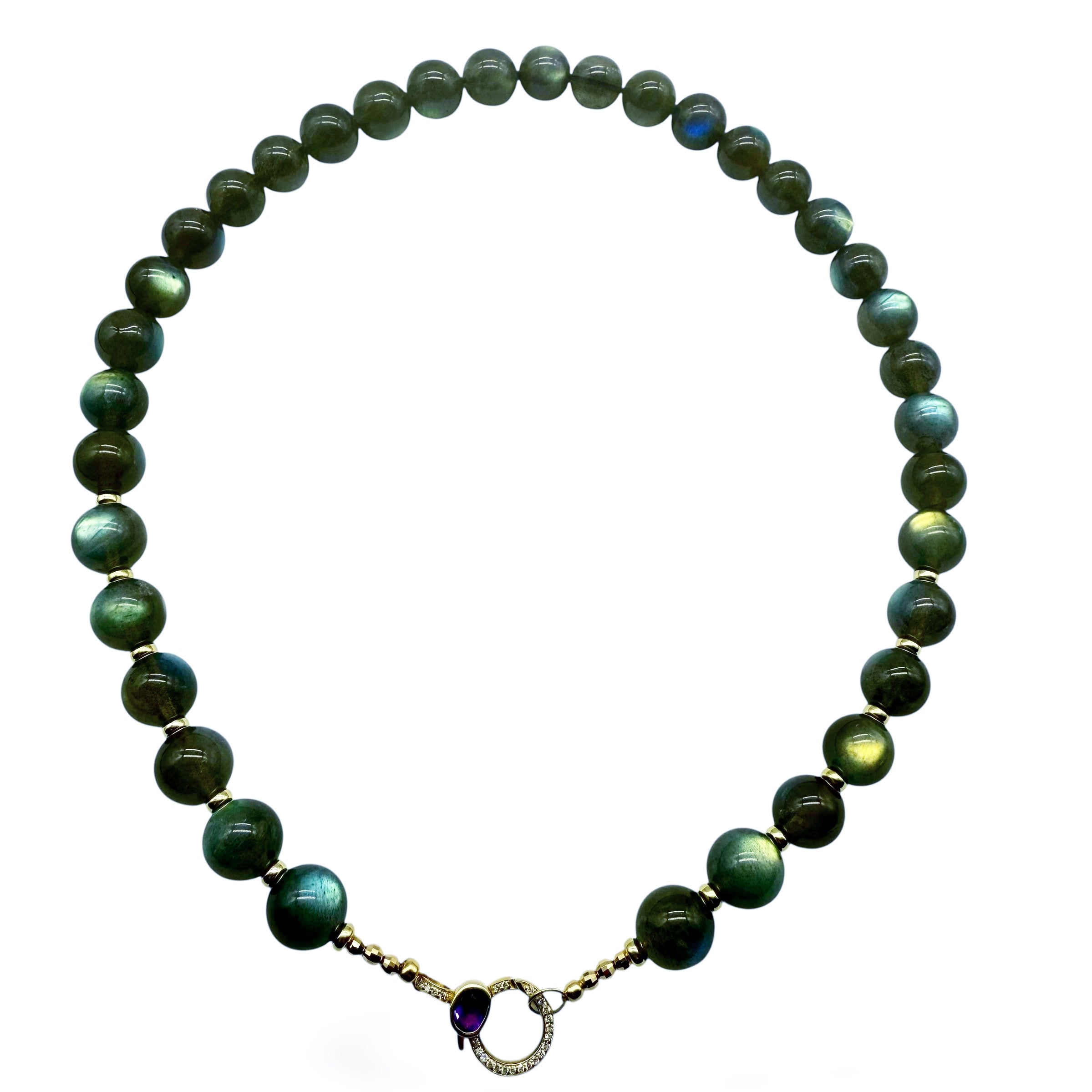 LABRADORITE BEADED ROUND NECKLACE WIRH AMETHYST AND DIAMOD CLASP
