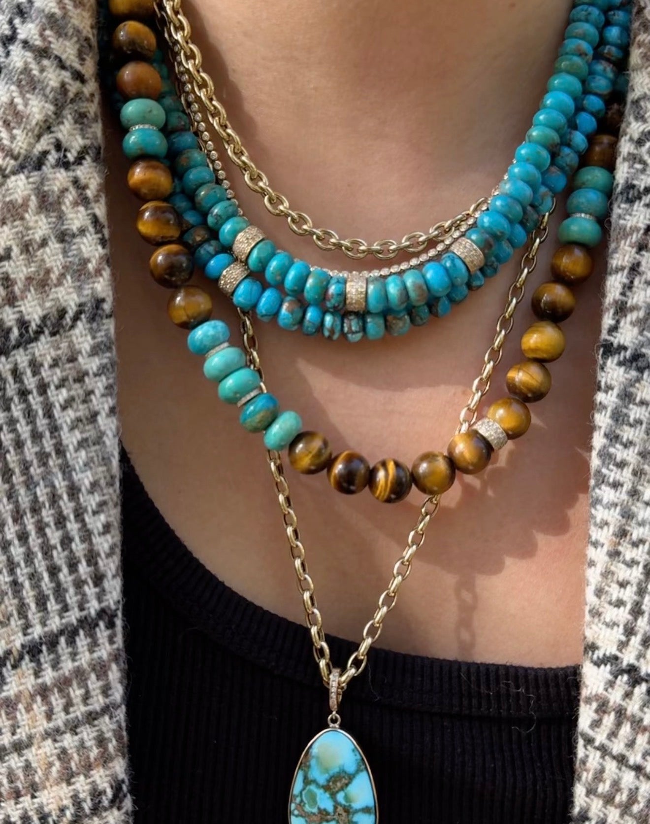 TIGERS EYE, TURQUOISE & DIAMOND BEADED NECKLACE