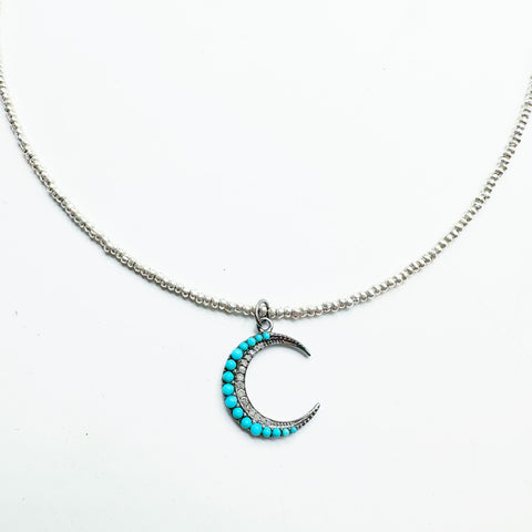 TURQUOISE & SILVER DIAMOND MOON NECKLACE
