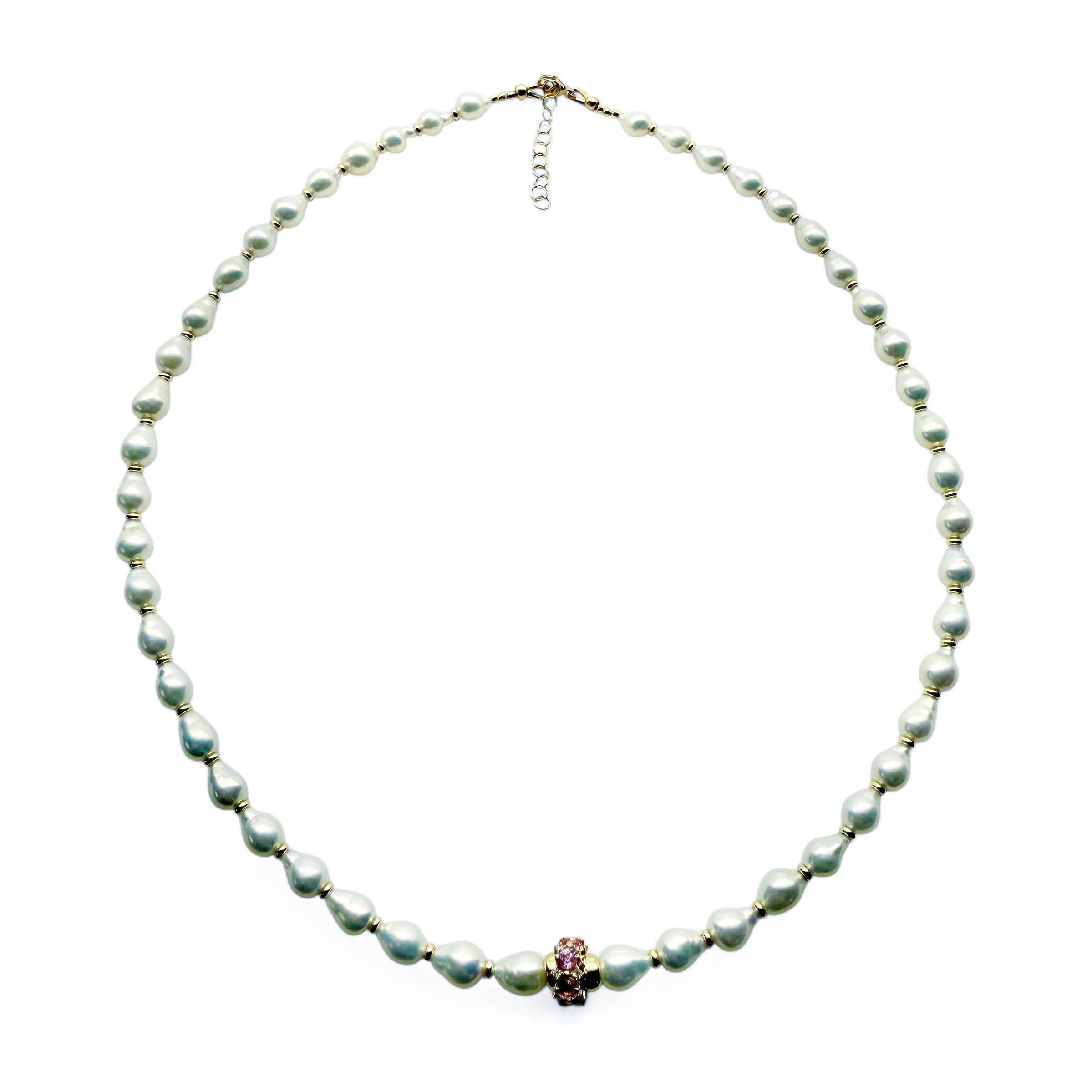 WHITE AKOYA PEARL NECKLACE WITH PINK SAPPHIRE & DIAMOND BEAD