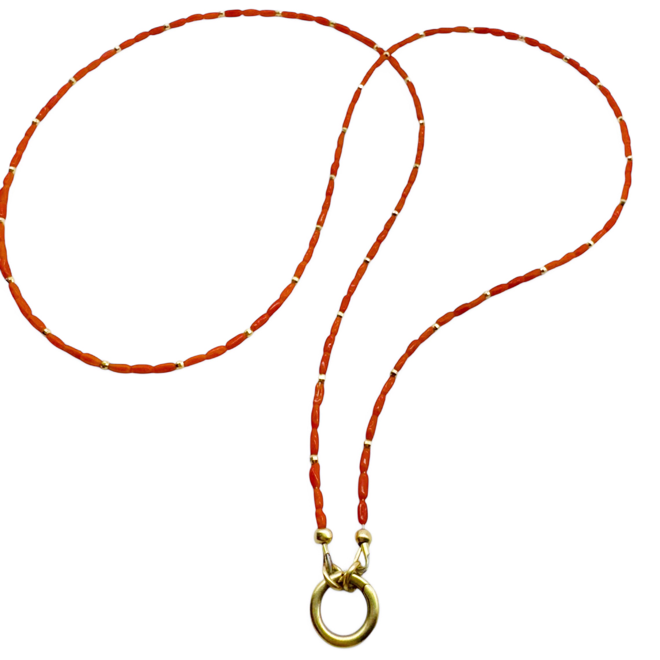 14K GOLD AND CORAL LONG BEADED NECKLACE WITH CHARM HOLDER