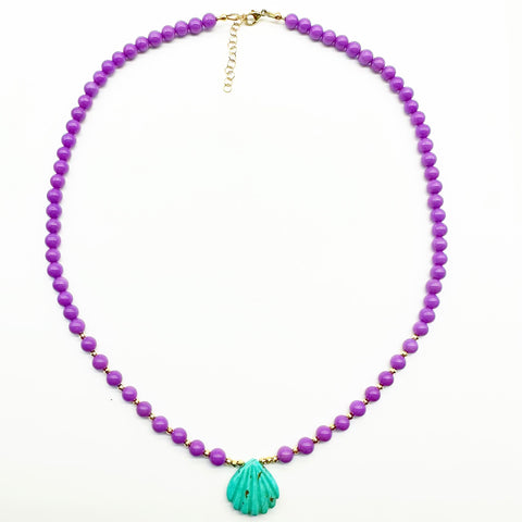 PURPLE GEMSTONE NECKLACE WITH TURQUOISE CARVED SHELL