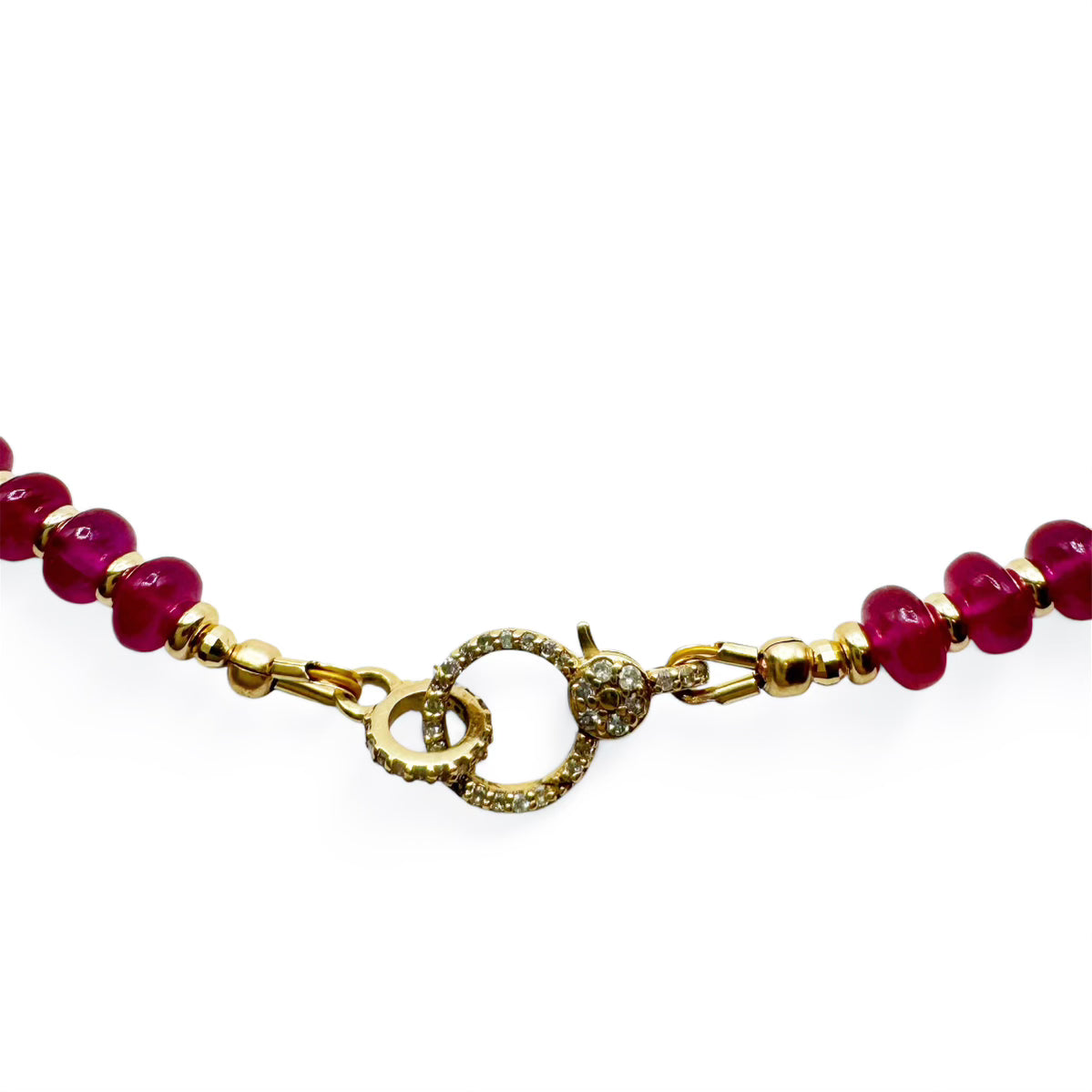 14K GOLD & RUBY NECKLACES. PLAIN STRAND WITH GOLD BEADS OR DIAMON CROSS STYLE