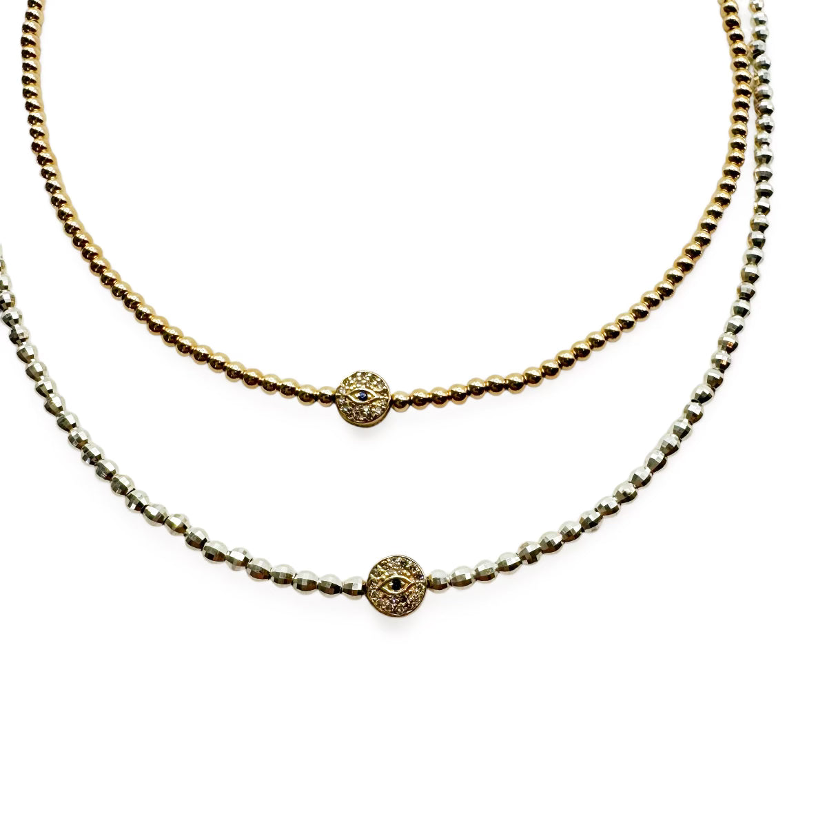 GOLD OR SILVER BEADED NECKLACES WITH DIAMOND EVIL EYE BEAD