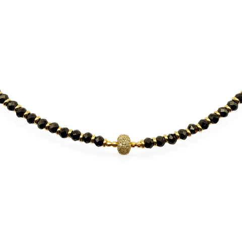 BLACK SPINEL AND 14K GOLD NECKLACE WITH DIAMOND RONDELLE