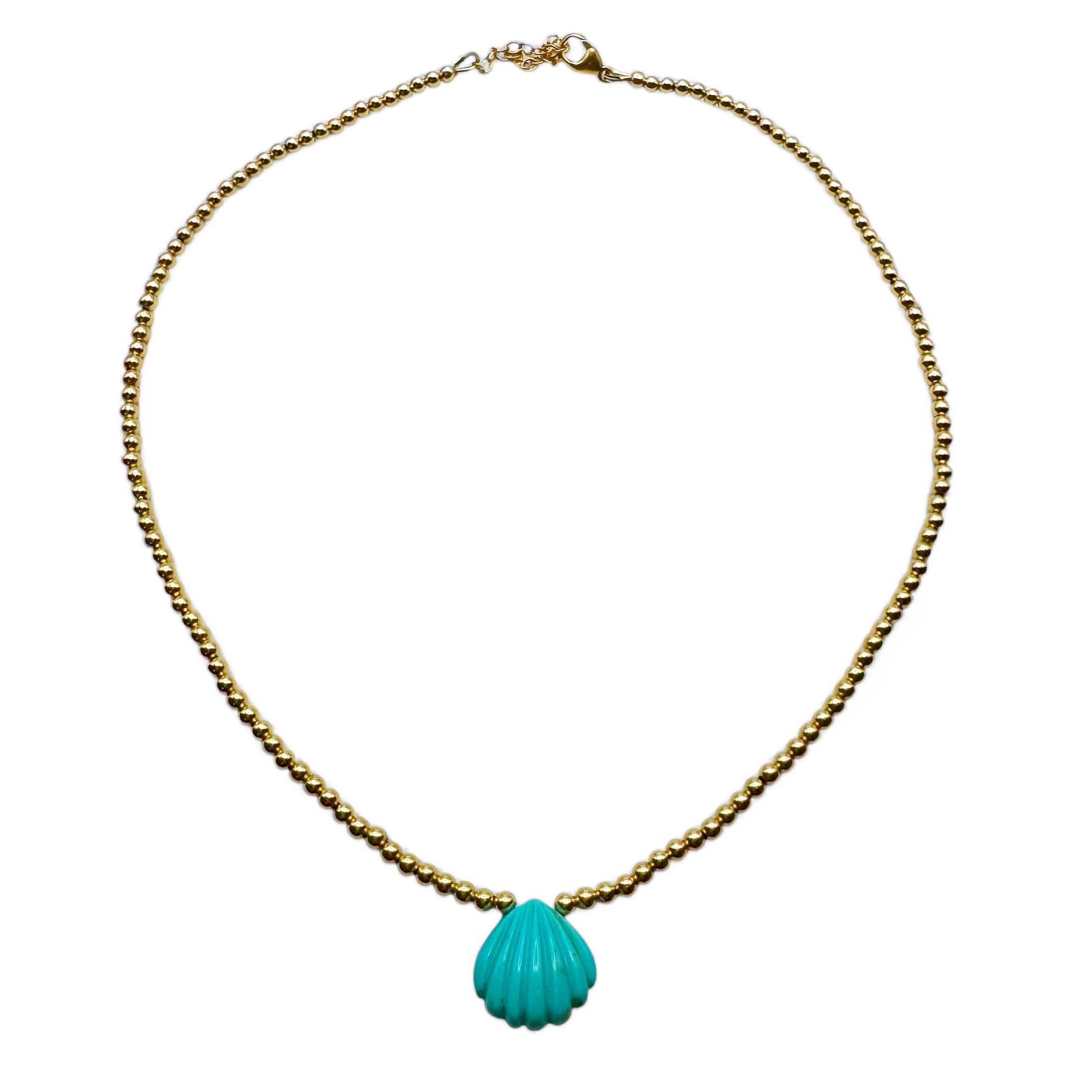 GOLD BEADED NECKLACE WITH TURQUOISE SHELL