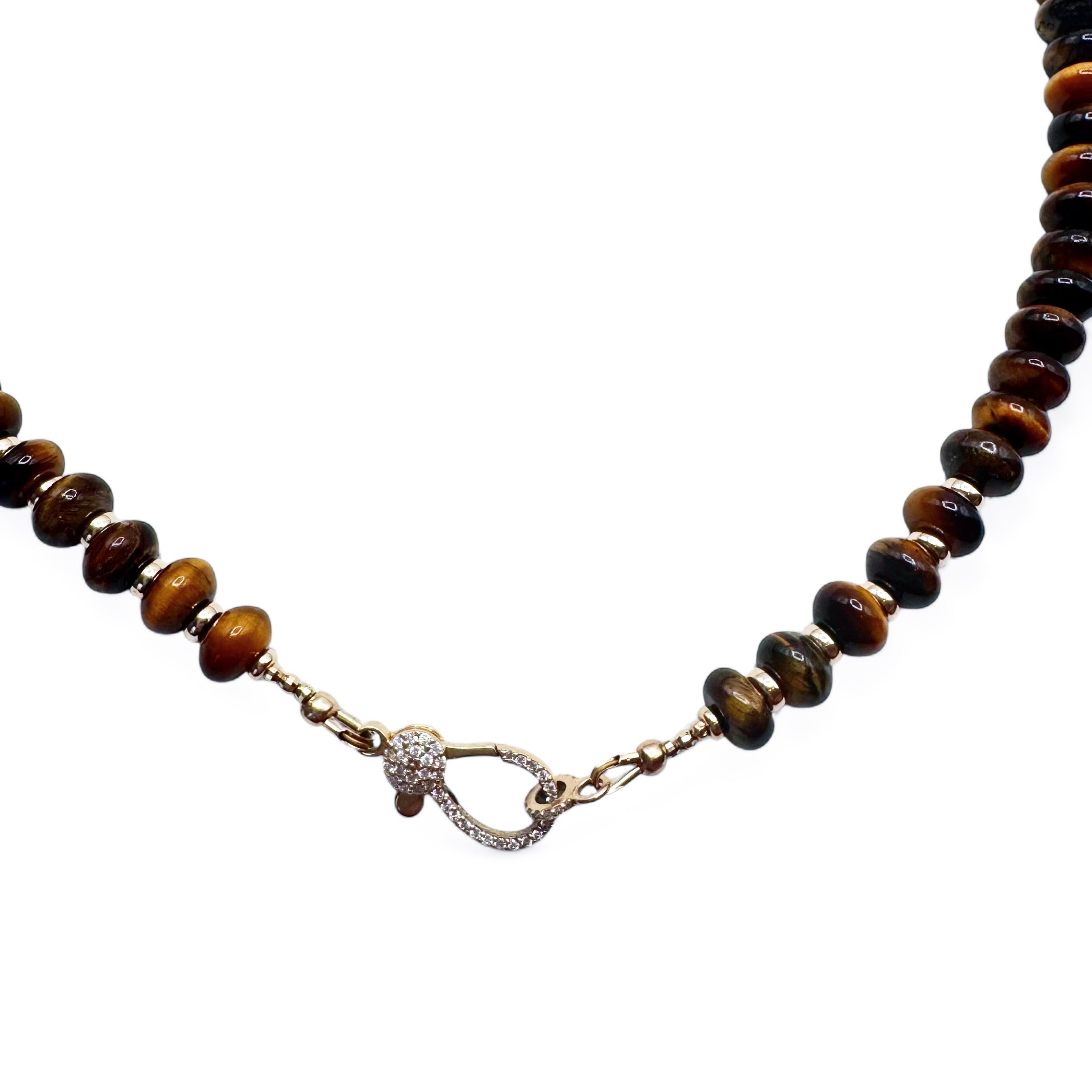 TIGERS EYE NECKLACE WITH 14K GOLD AND DIAMOND FRONT FACING CLASP