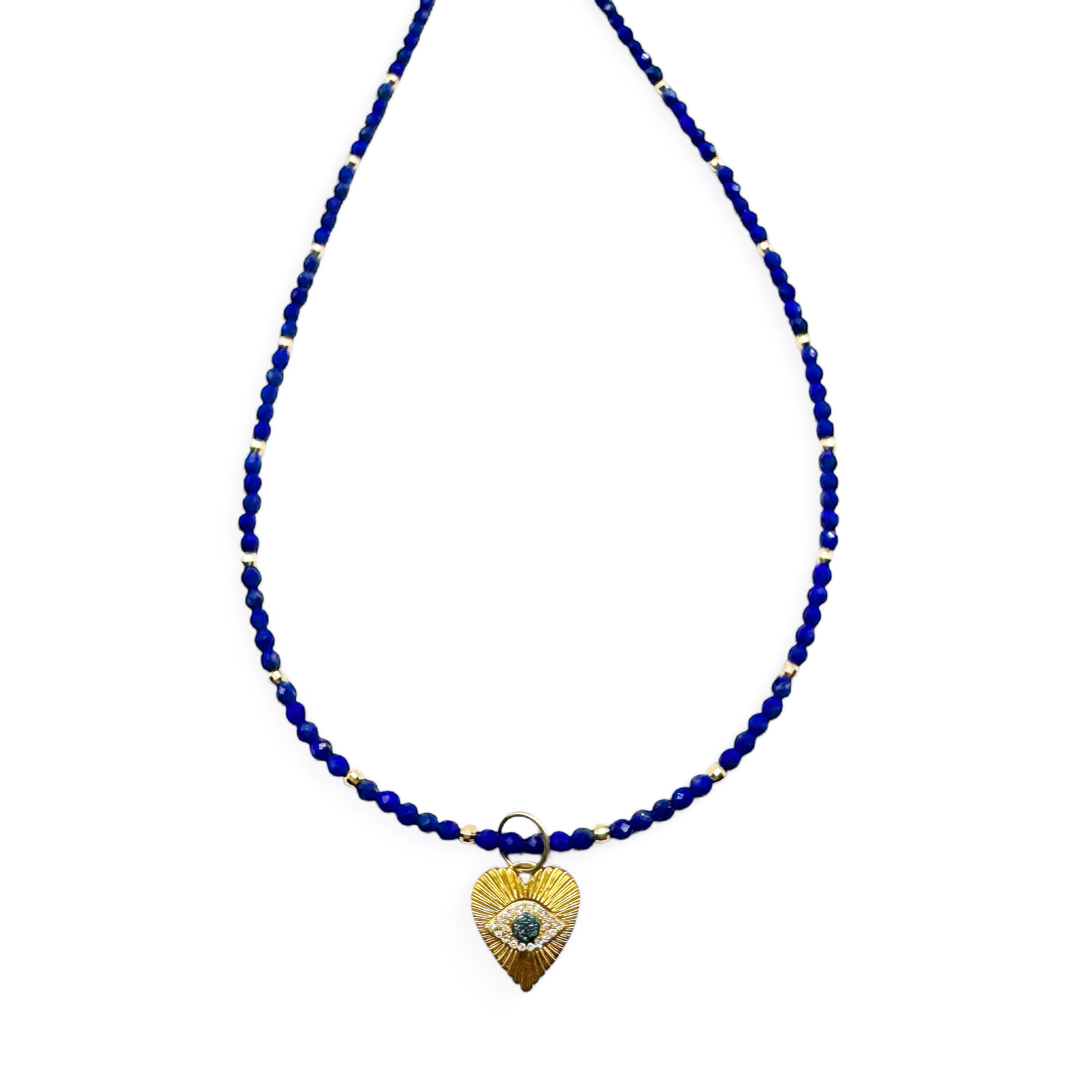 BABY LAPIS NECKLACE WITH 14K GOLD AND DIAMOND HEART PROTECTION EYE CHARM