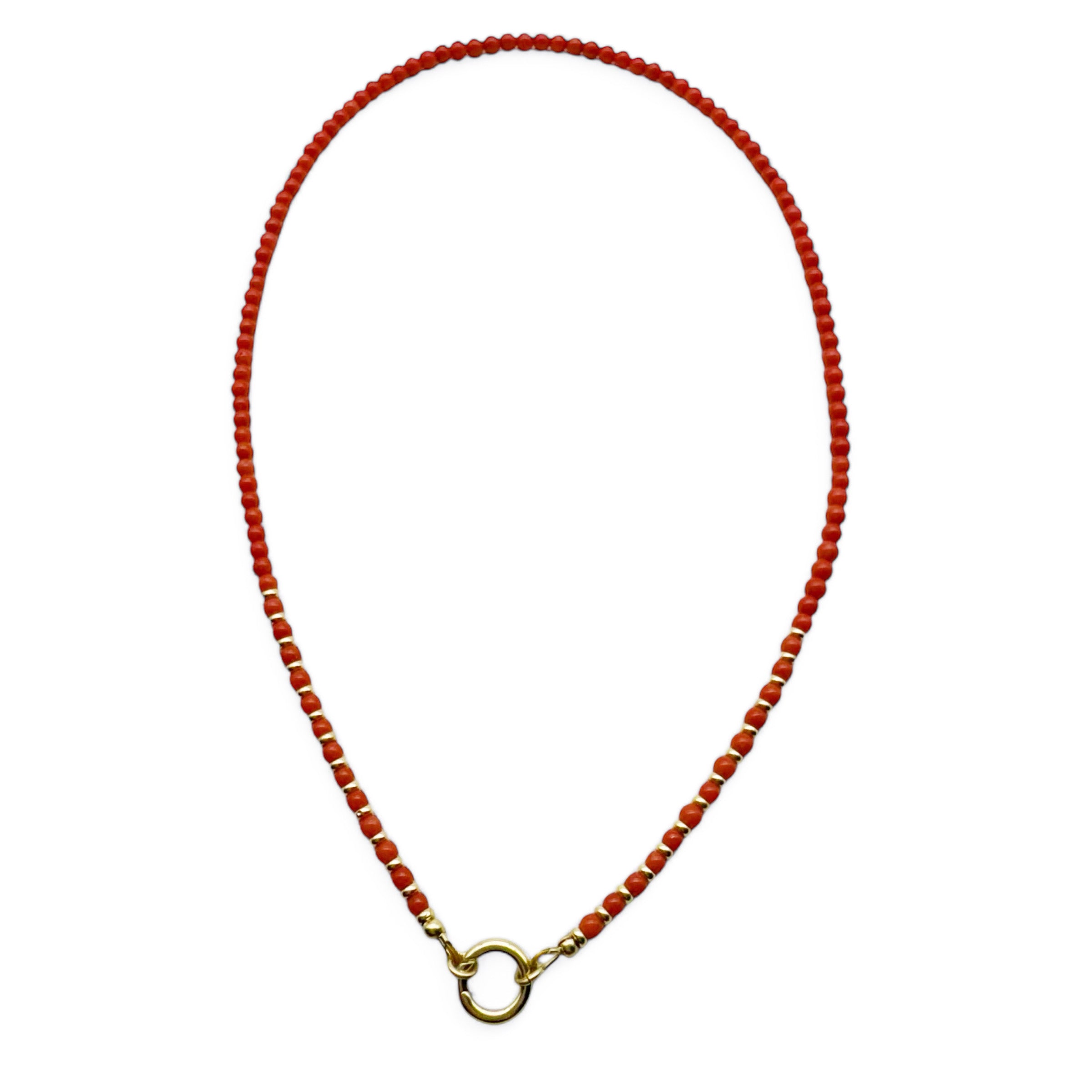 14K GOLD AND CORAL BEADED NECKLACE WITH CHARM HOLDER