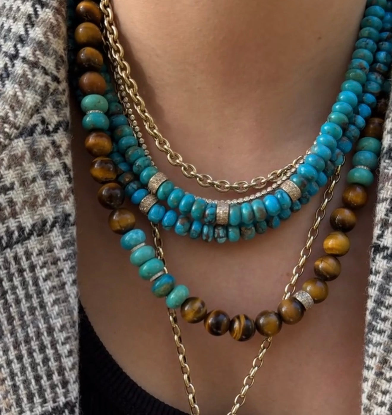 TIGERS EYE, TURQUOISE & DIAMOND BEADED NECKLACE