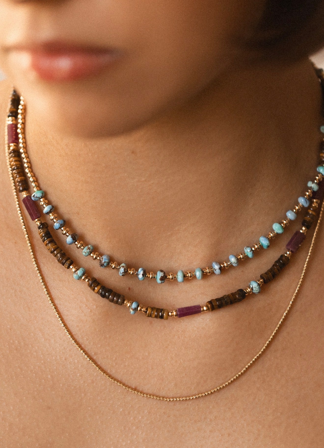 TIGER EYE, RUBY & TURQUIOSE BEADED NECKLACES