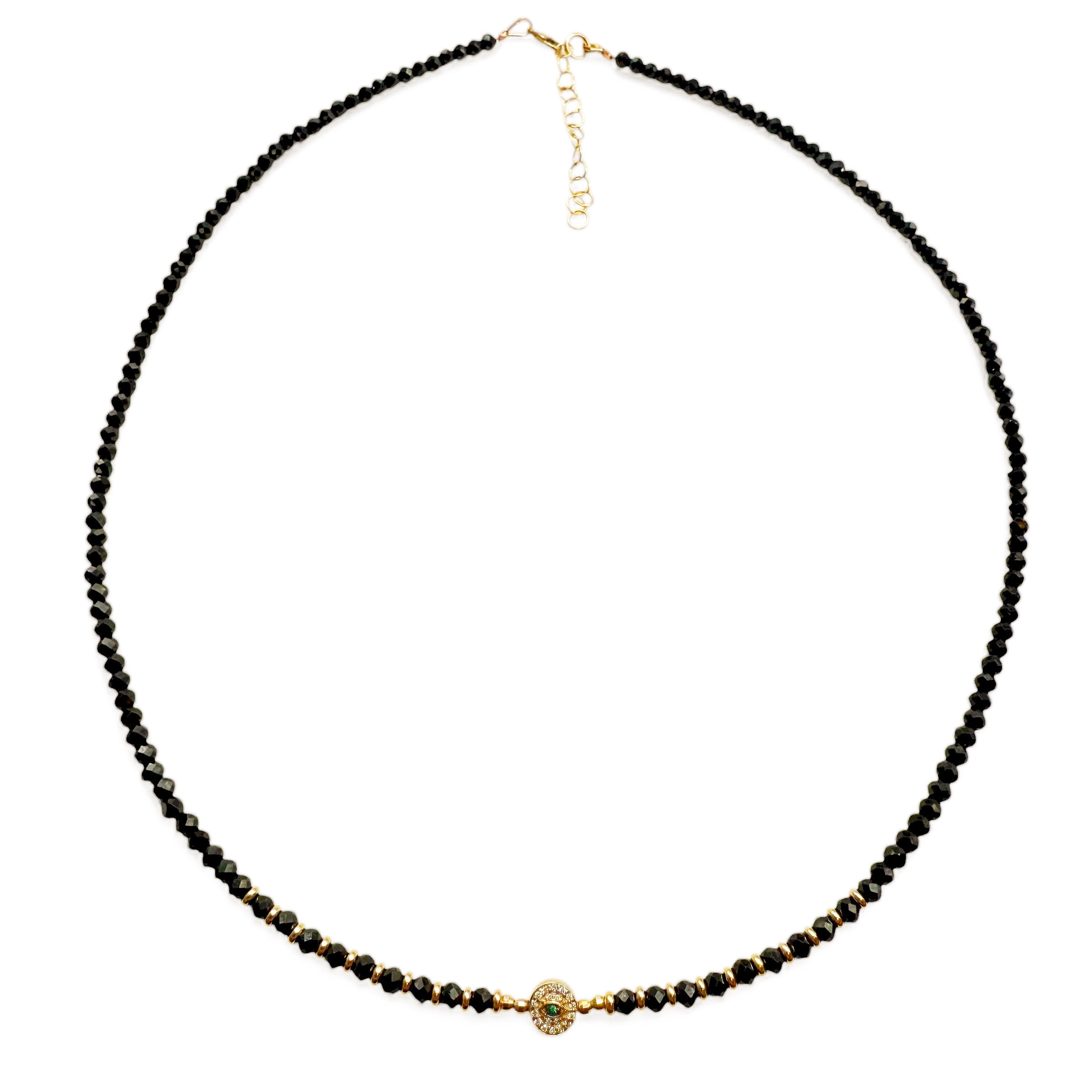 BLACK GEMSTONE 14K GOLD NECKLACE WITH DIAMOND EVIL EYE