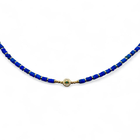 BLUE GEMS WITH 14K GOLD &  DIAMOND EVIL EYE PROTECTION BEAD