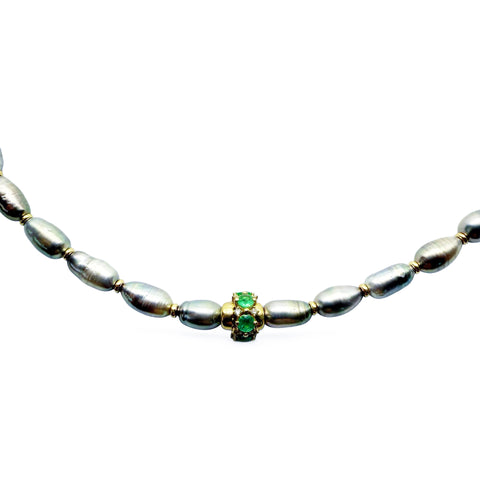 TAHITIAN PEARL AND 14K GOLD AND EMERALD ANTIQUITY NECKLACE