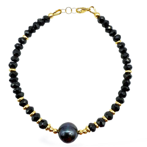BLACK SPINEL, 14K GOLD & TAHITIAN PEARL BRACELET