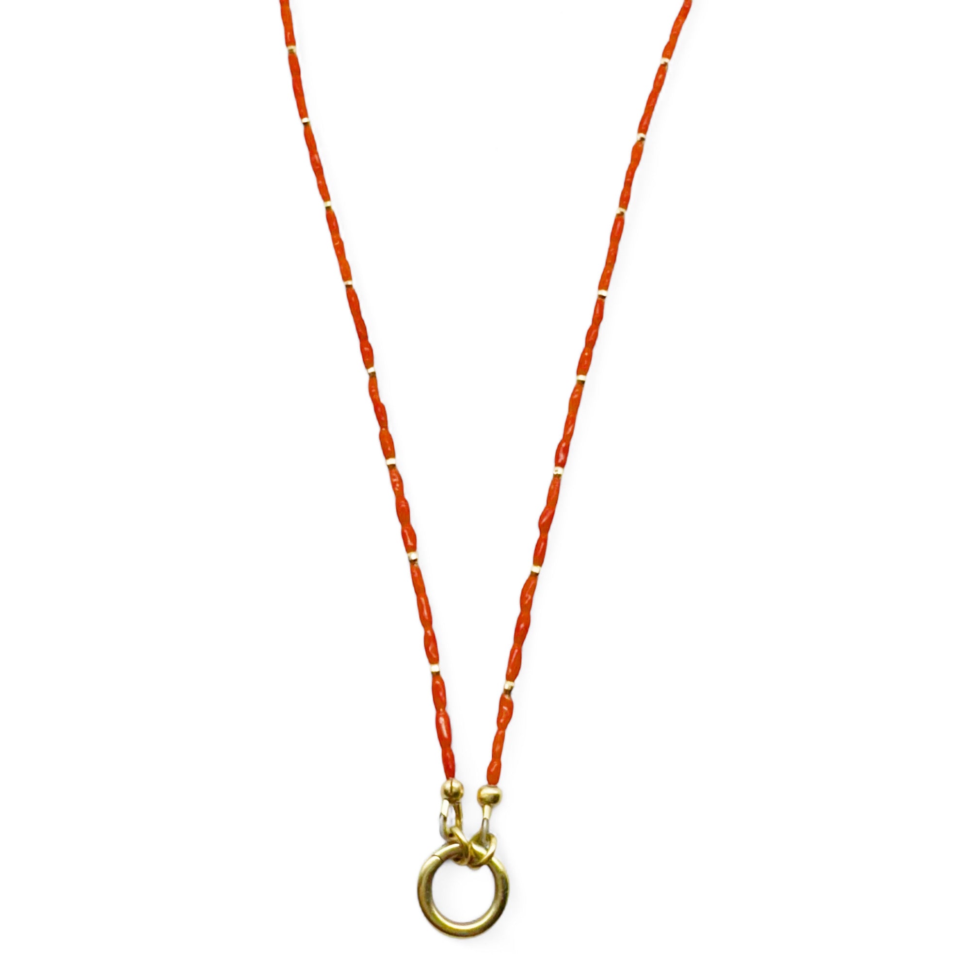 14K GOLD AND CORAL LONG BEADED NECKLACE WITH CHARM HOLDER