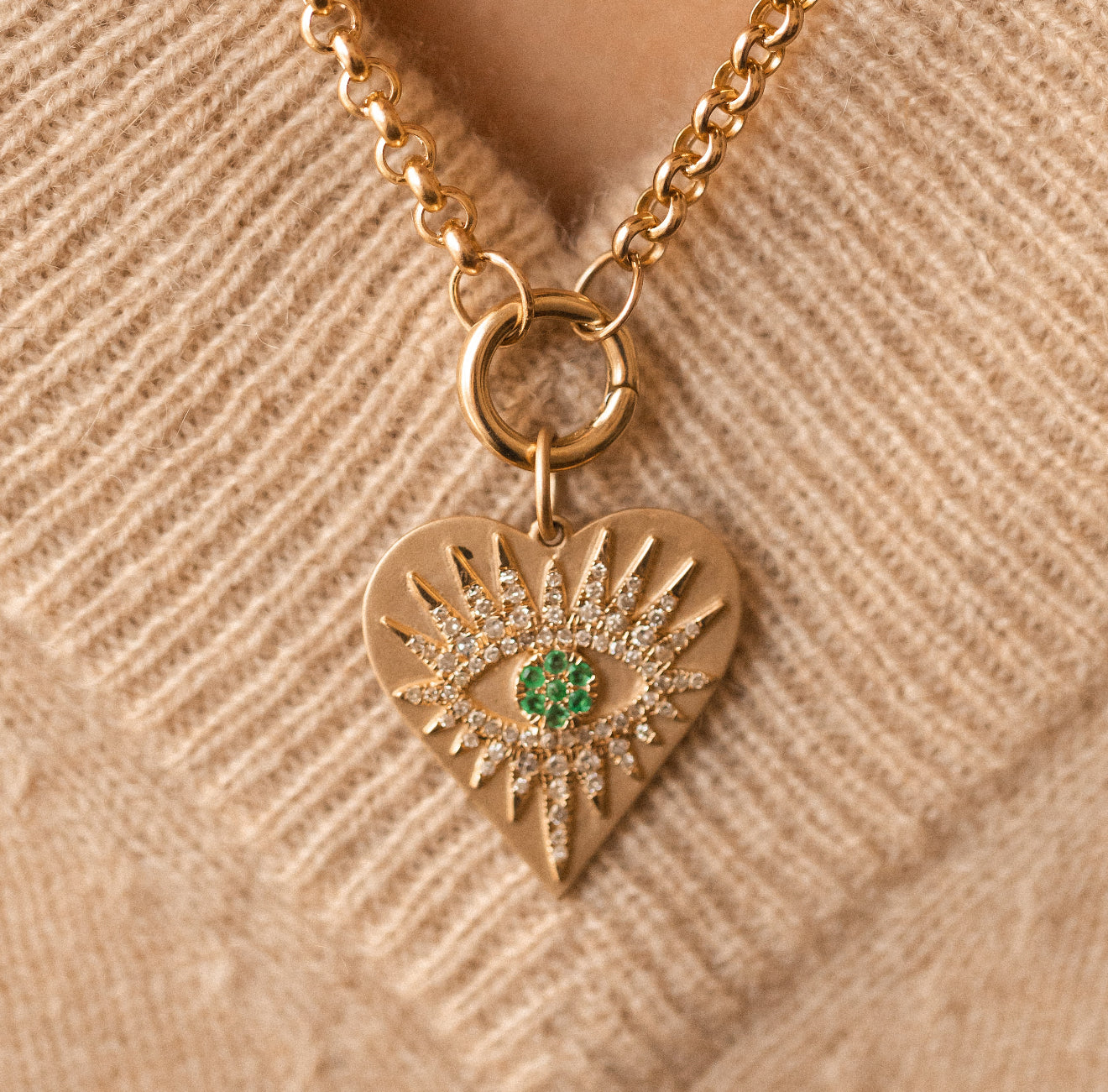 14K GOLD EMERALD DIAMOND EVIL EYE AMULET