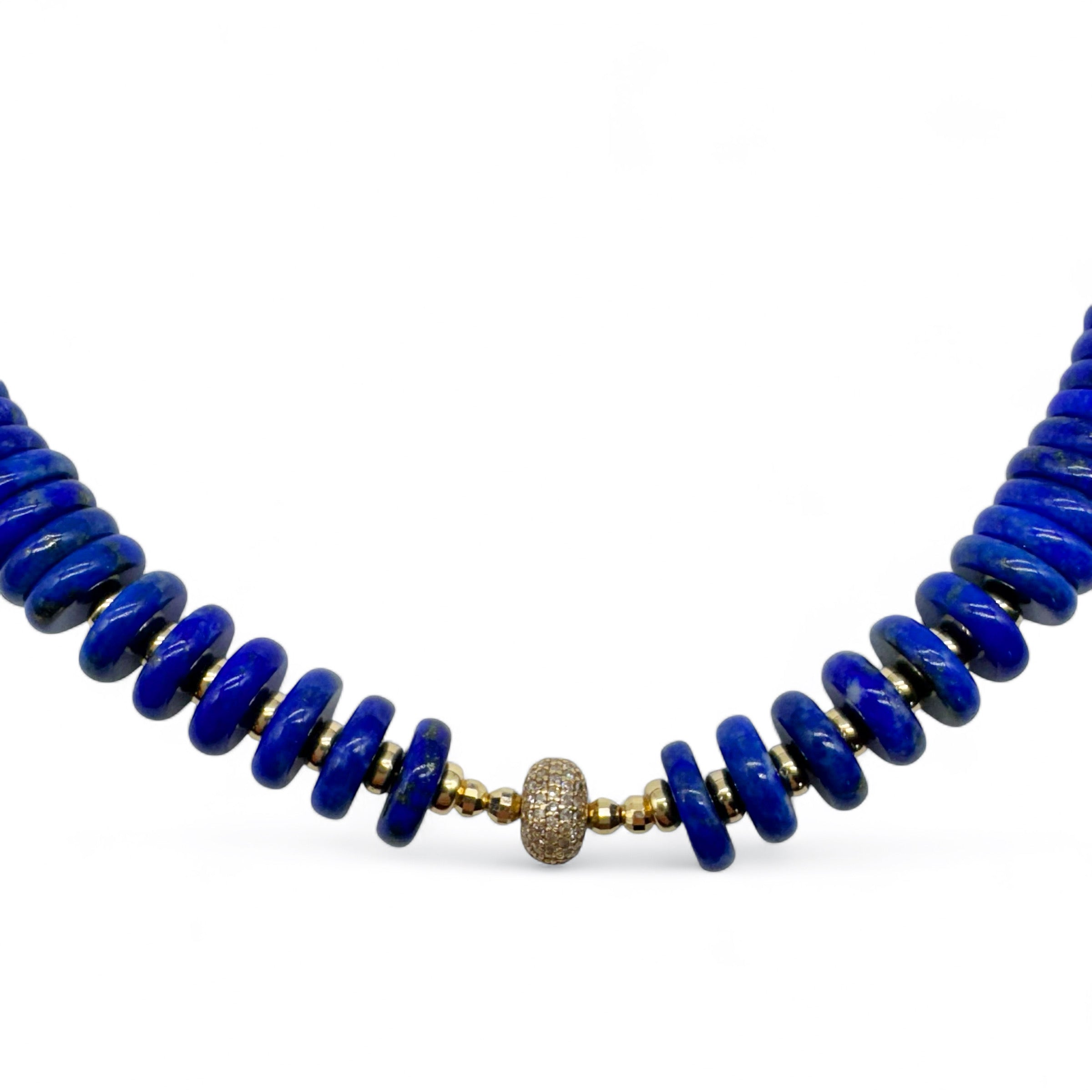 14K GOLD LAPIS NECKLACE WITH DIAMOND FOCAL BEAD