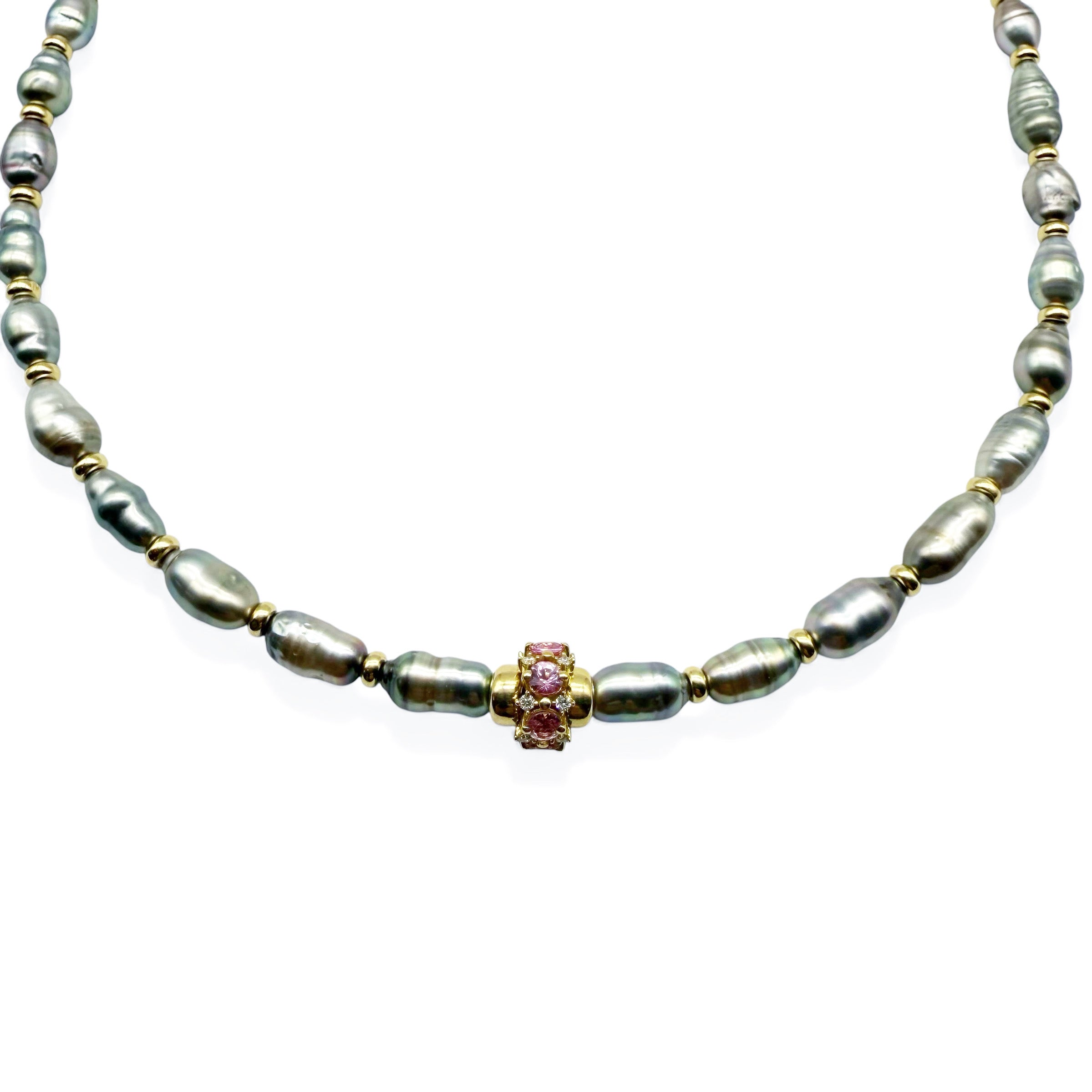 TAHITIAN PEARL AND 14K GOLD AND EMERALD/SAPPHIRE FOCAL BEAD