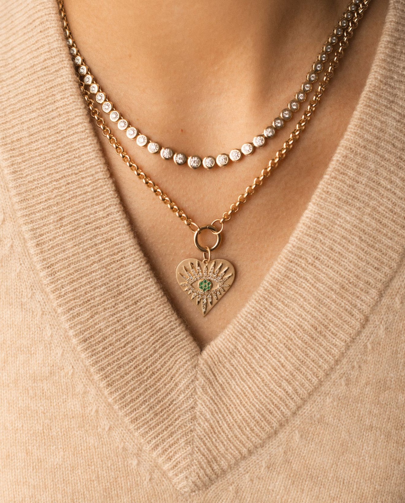 14K GOLD EMERALD DIAMOND EVIL EYE AMULET