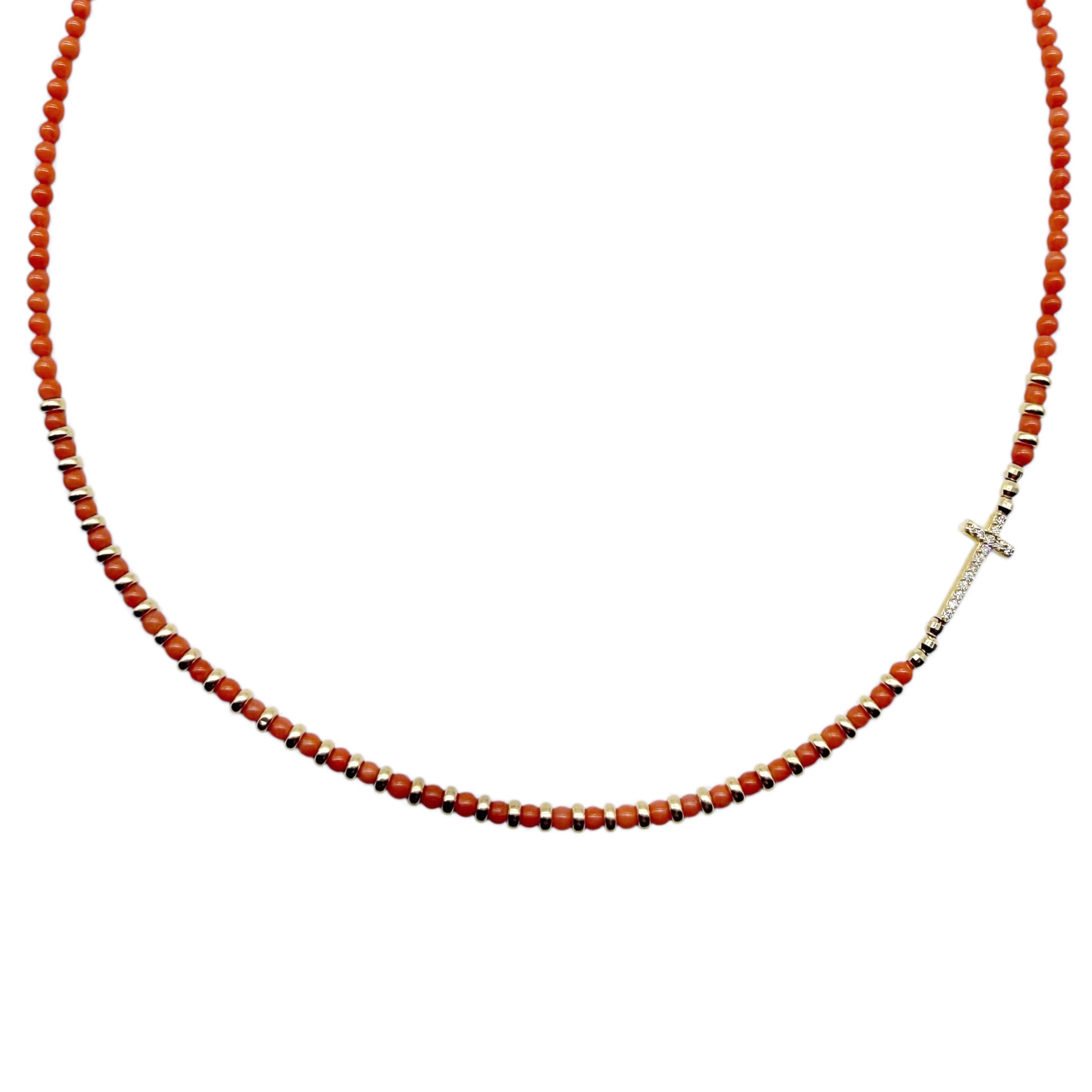 14K GOLD & DIAMOND CROSS CORAL NECKLACE