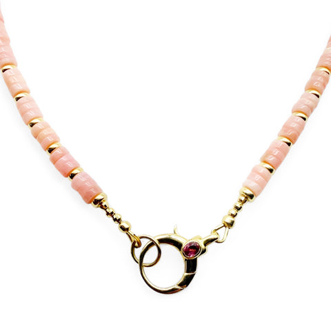 PINK OPAL NECKLACE WITH 14K GOLD AND PINK SAPPHIRE FRONT CLASP