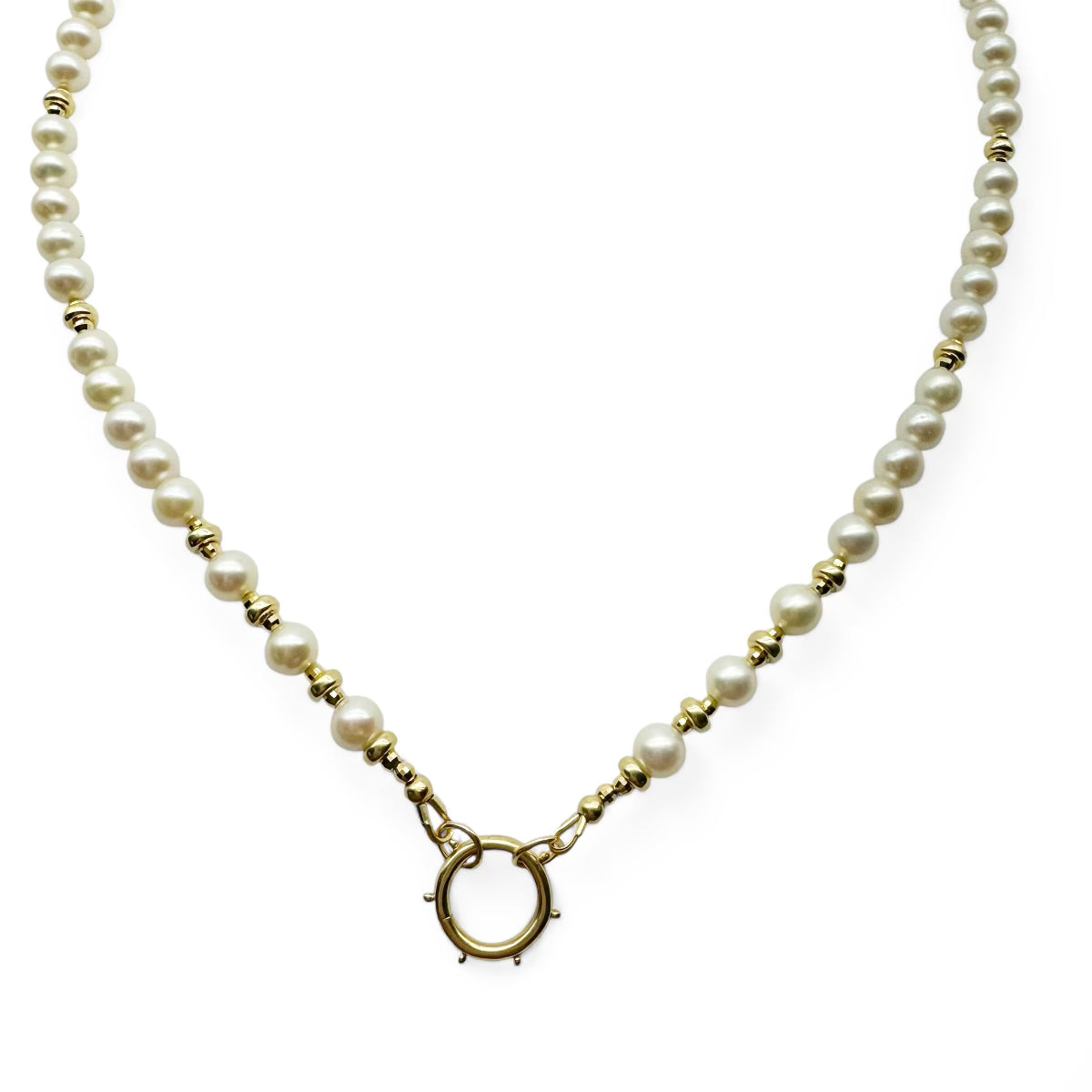 14k GOLD PEARL NECKLACE WITH GOLD CHARM HOLDER