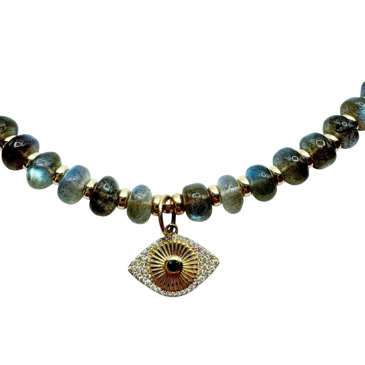 LABRADORITE & 14K GOLD & DIAMOND EVIL EYE NECKLACE