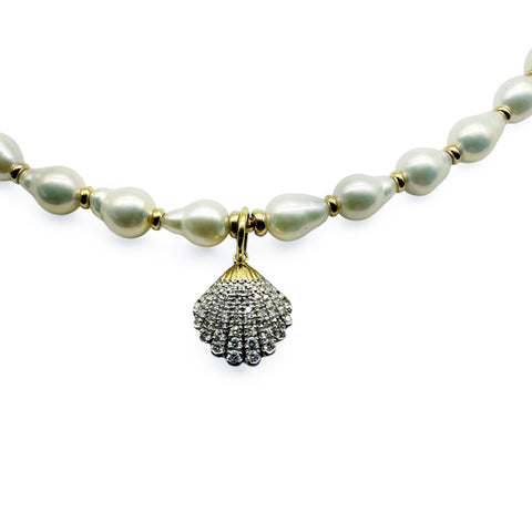 WHITE AKOYA PEARL WITH 14K GOLD AND DIAMOND SHELL CHARM
