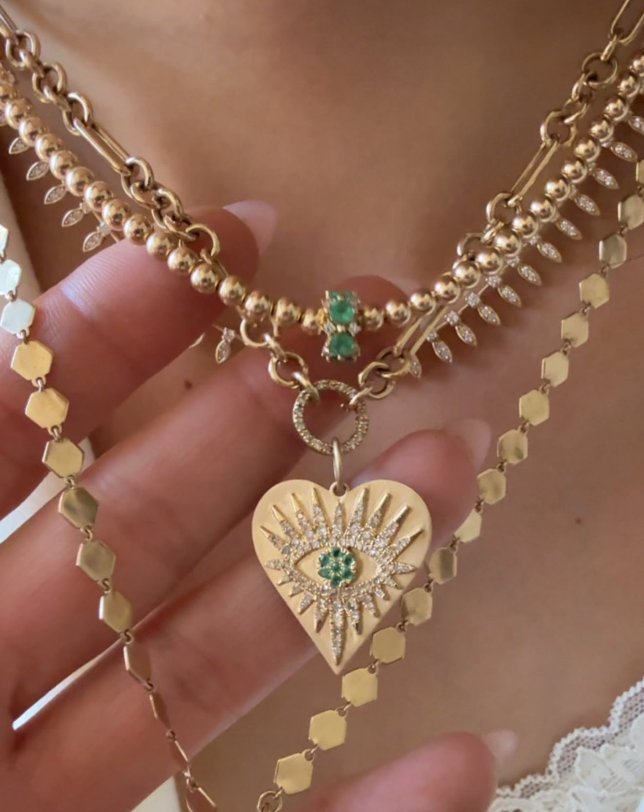 14K GOLD EMERALD DIAMOND EVIL EYE AMULET