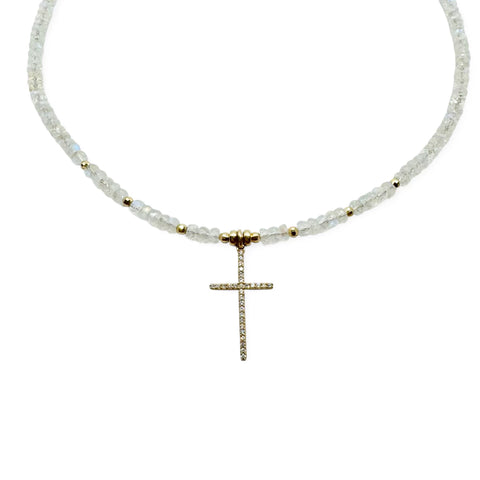 RAINBOW MOONSTONE & 14K GOLD WHITE DIAMOND CROSS