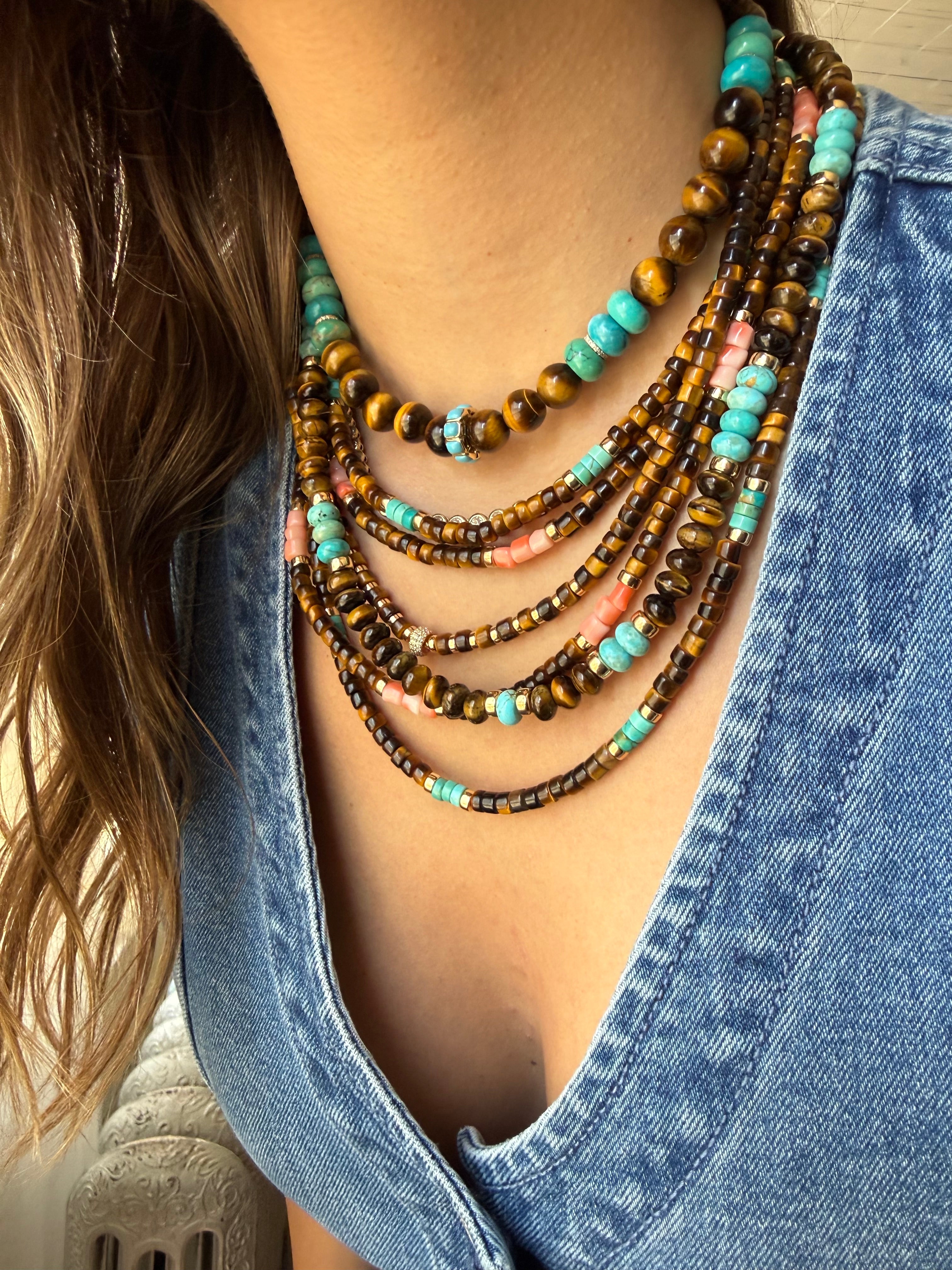 TURQUOISE, TIGERS EYE & DIAMOND BEADED NECKLACE