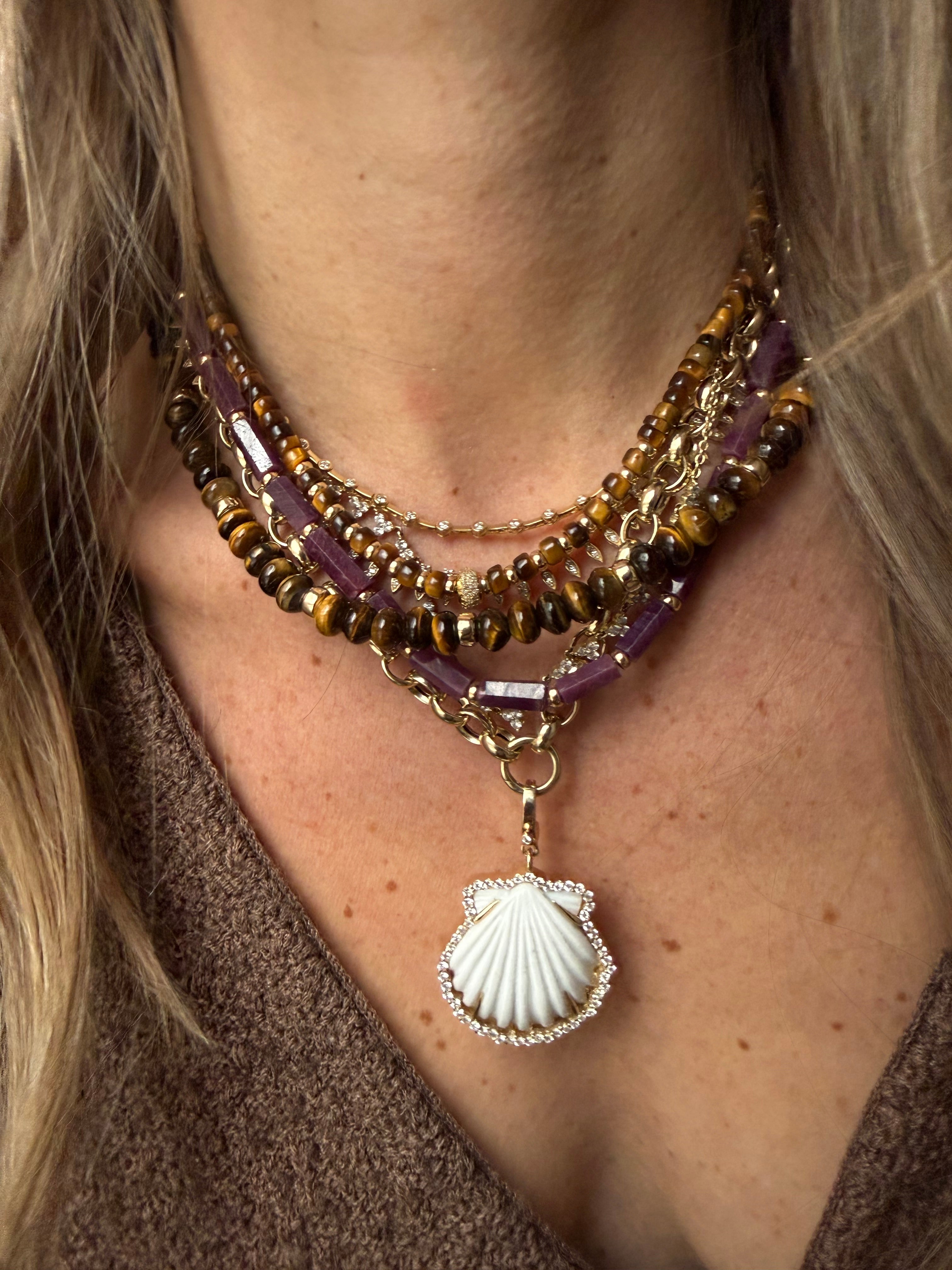 CARVED WHITE SHELL AMULET SET IN SOLID 14K GOLD WHITE DIAMONDS