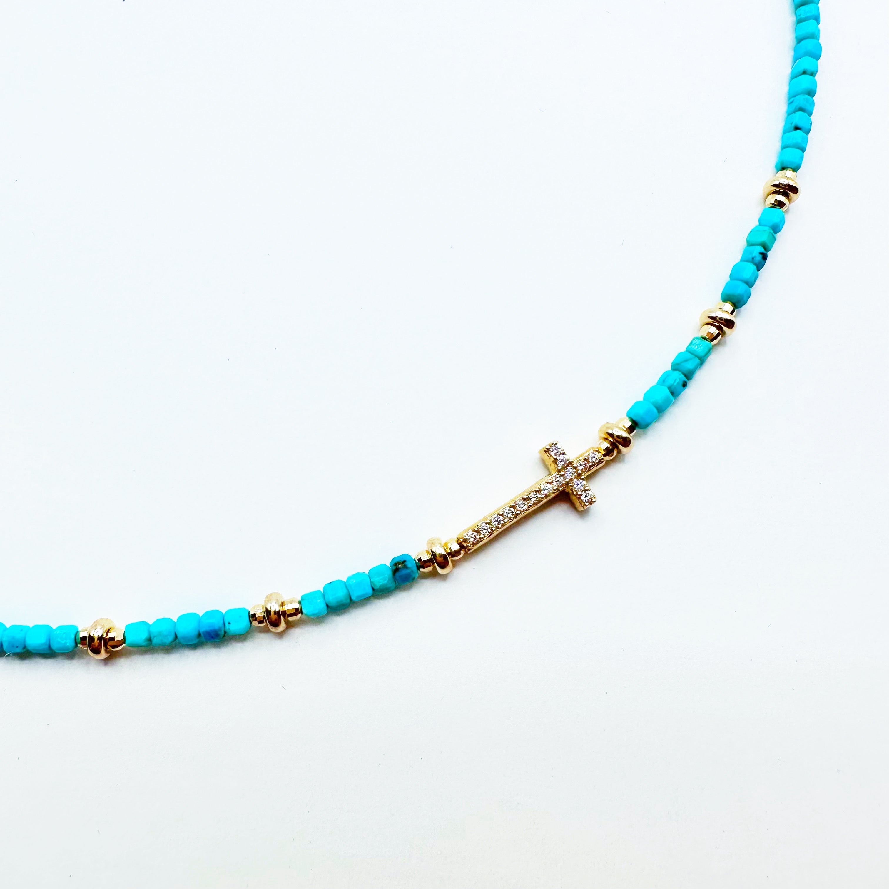TURQUOISE NECKLACE WITH 14K GOLD & DIAMOND CROSS