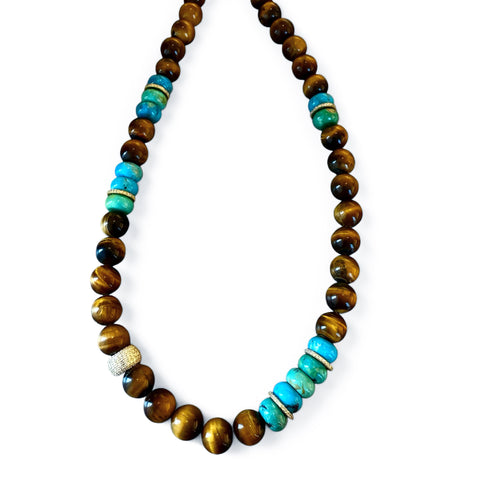 TIGERS EYE, TURQUOISE & DIAMOND BEADED NECKLACE