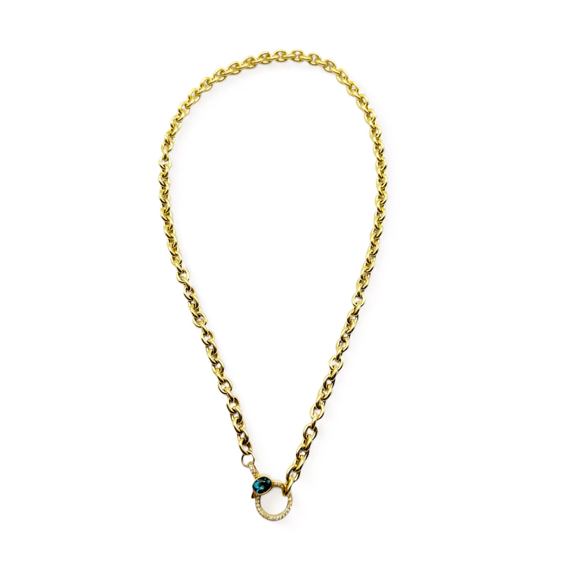 14K GOLD PUFFY ROLO CHAIN WITH TOPAZ & DIAMOND CLASP