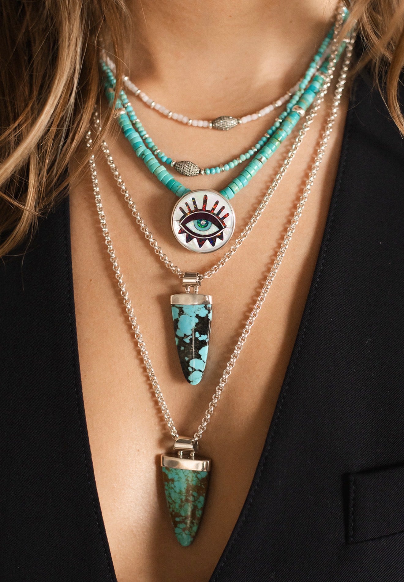 SILVER EVIL EYE ON TURQUOISE GEMS
