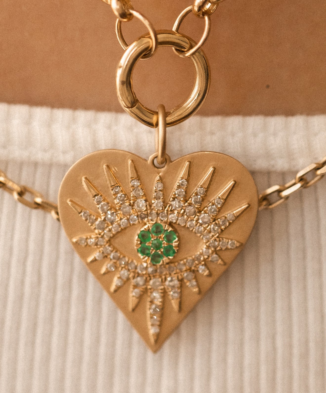 14K GOLD EMERALD DIAMOND EVIL EYE AMULET