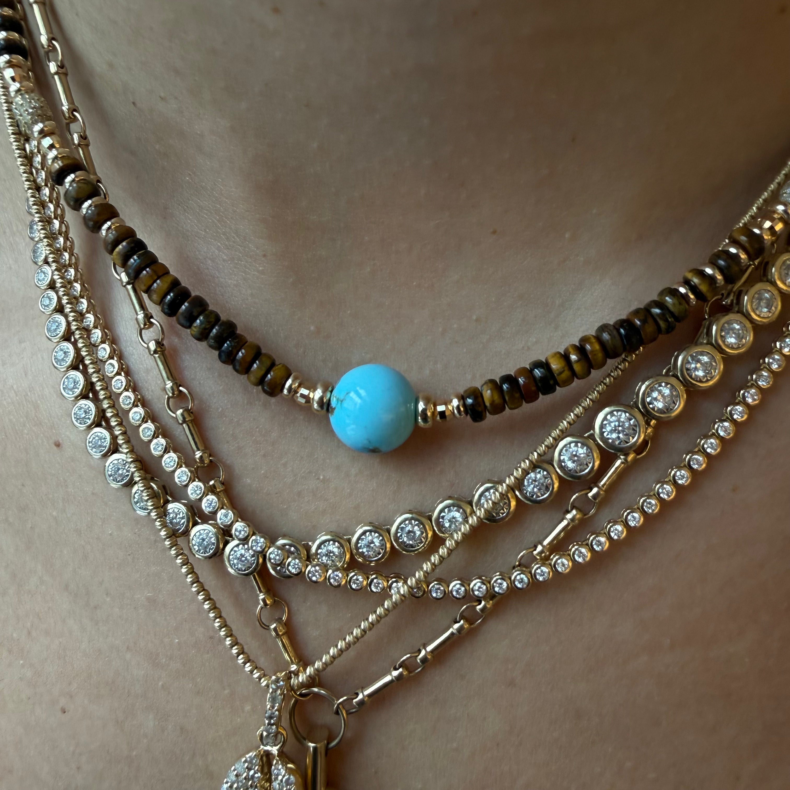 TIGERS EYE, TURQUOISE AND DIAMOND BEAD NECKLACE