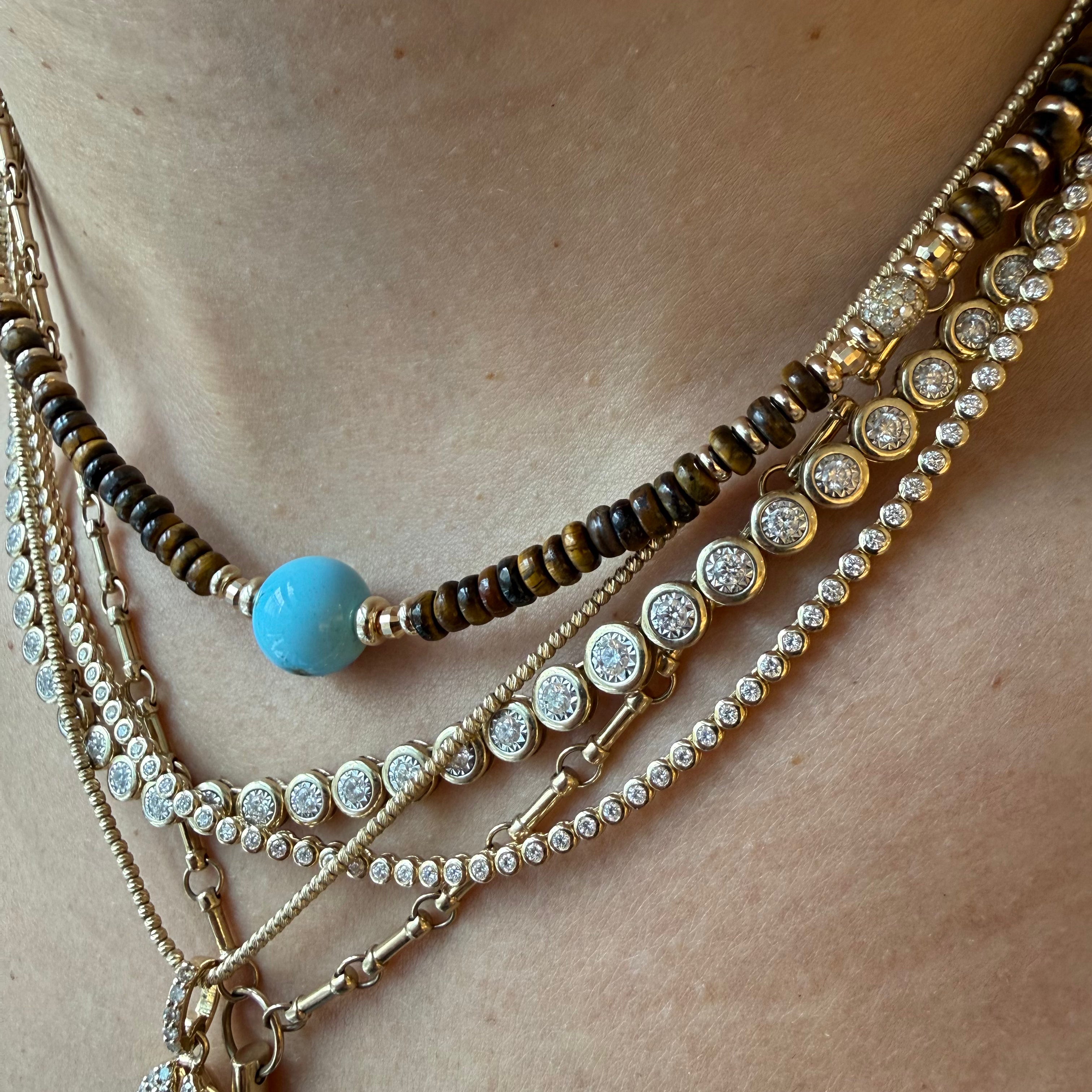 TIGERS EYE, TURQUOISE AND DIAMOND BEAD NECKLACE