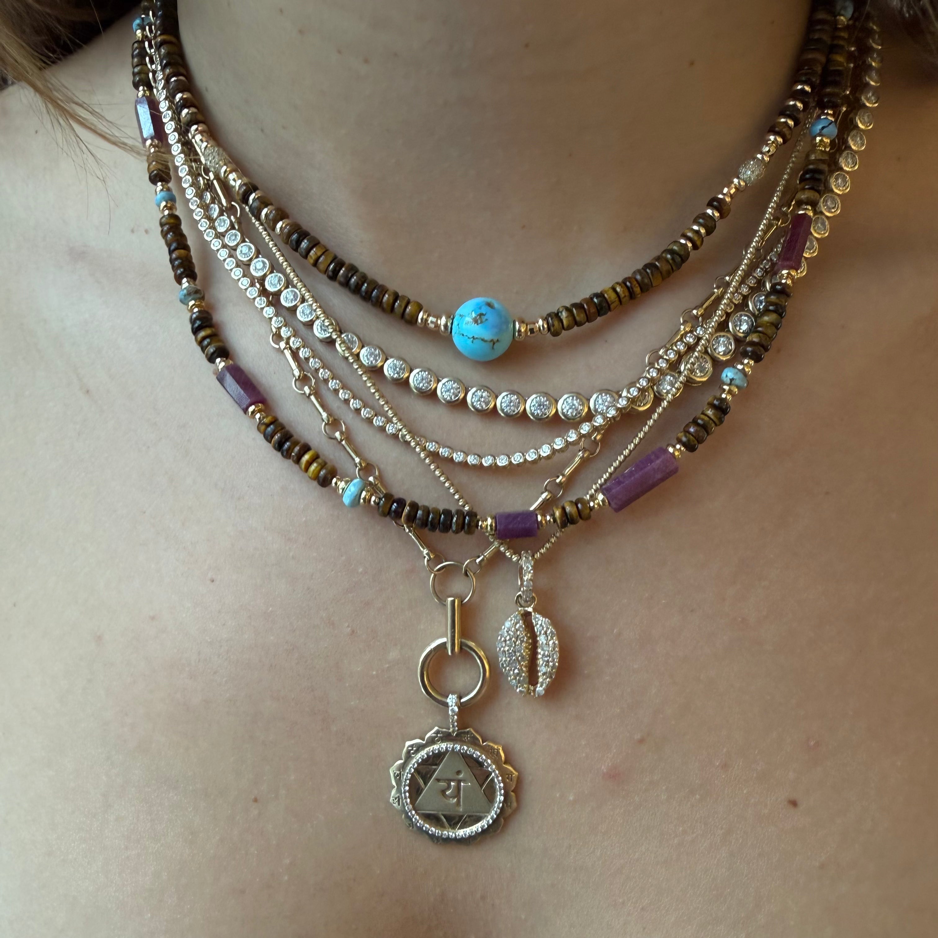 TIGERS EYE, TURQUOISE AND DIAMOND BEAD NECKLACE