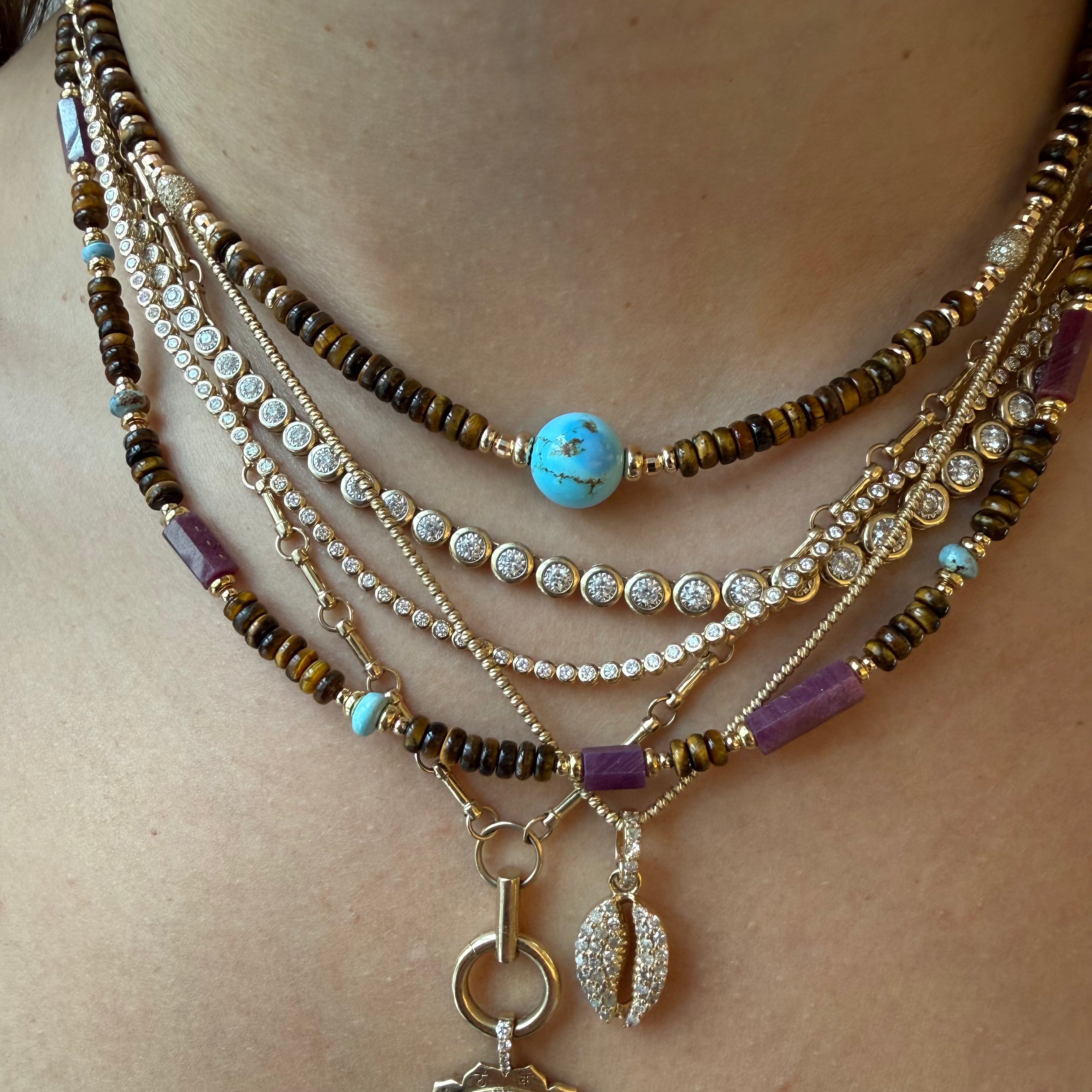 TIGERS EYE, TURQUOISE AND DIAMOND BEAD NECKLACE