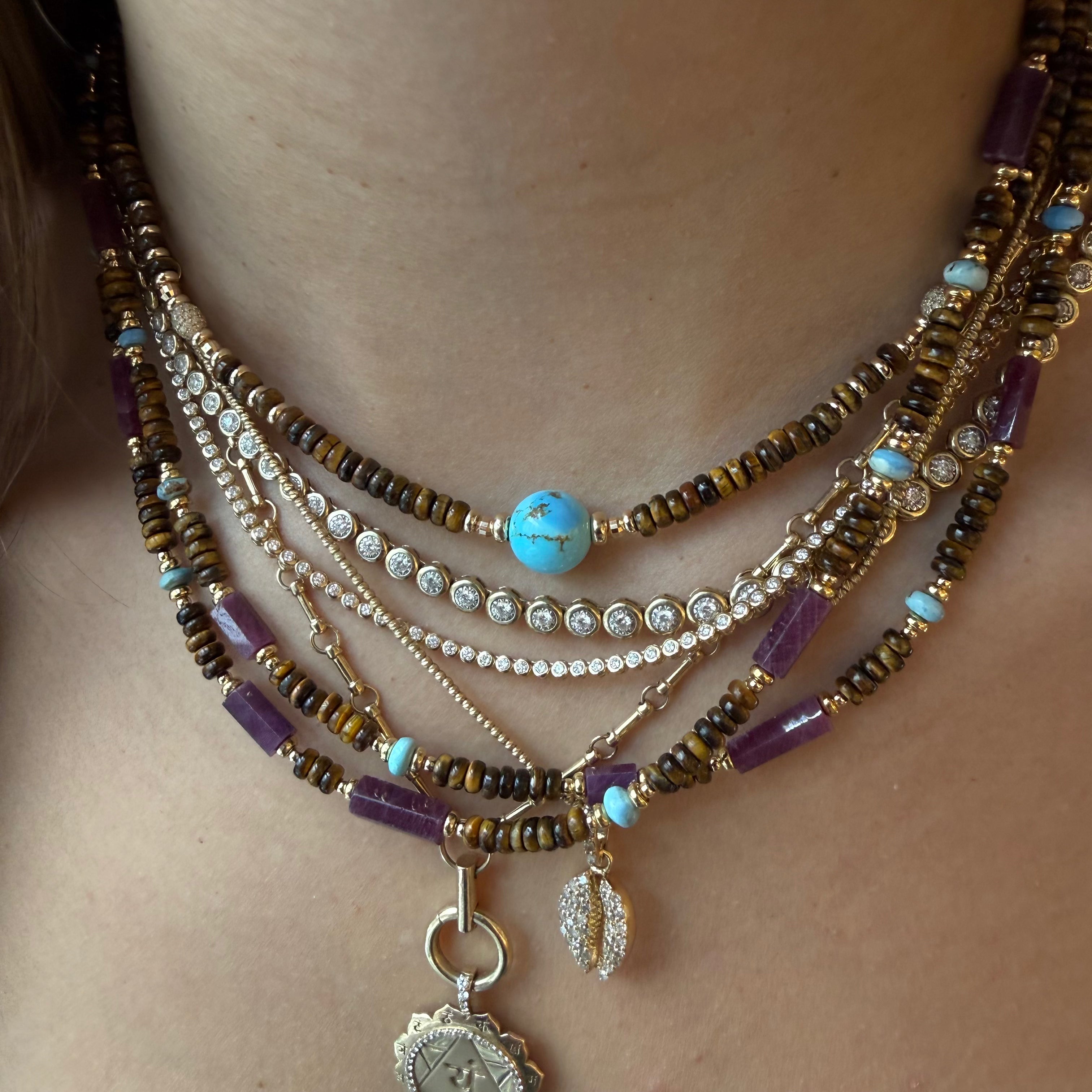 TIGERS EYE, TURQUOISE AND DIAMOND BEAD NECKLACE