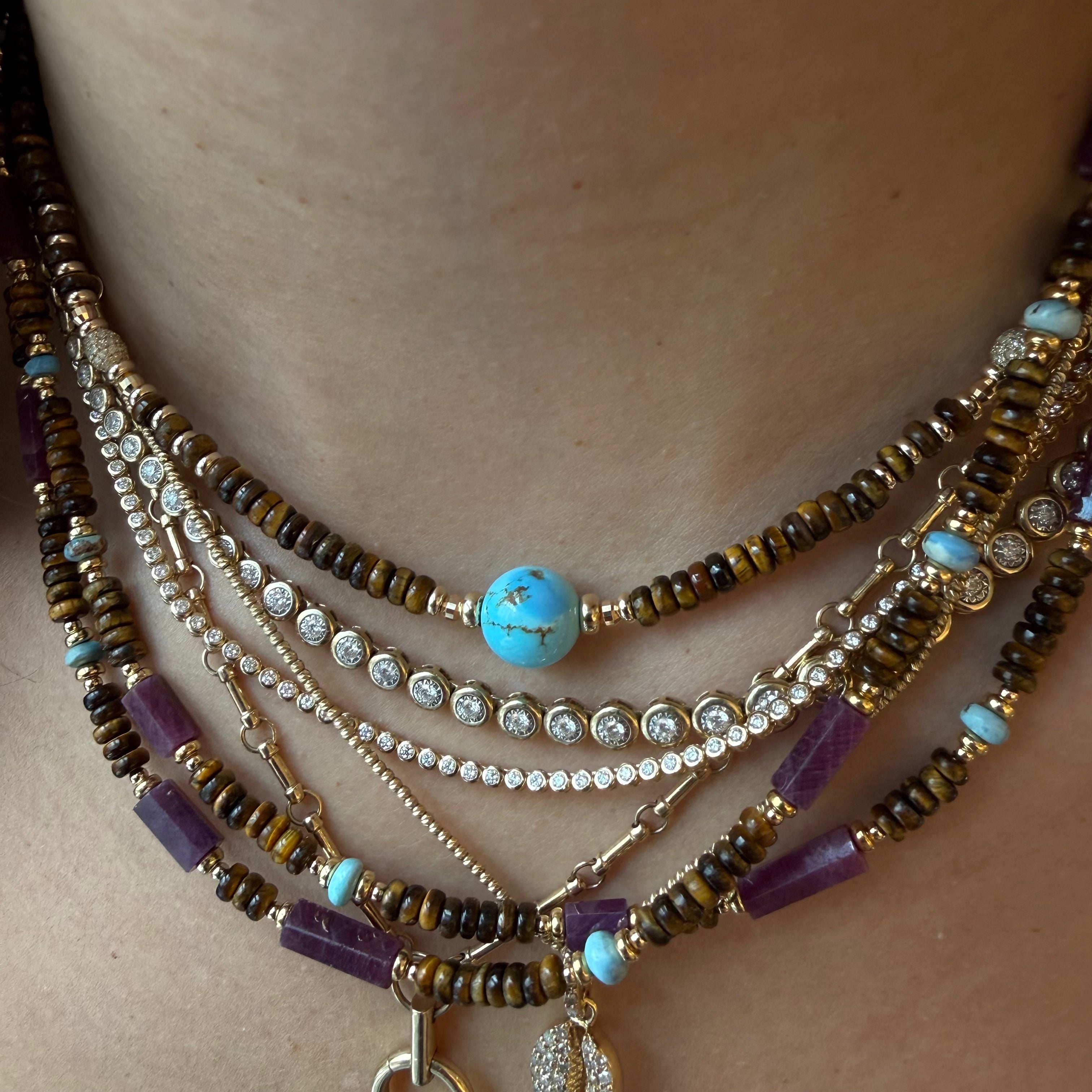 TIGERS EYE, TURQUOISE AND DIAMOND BEAD NECKLACE