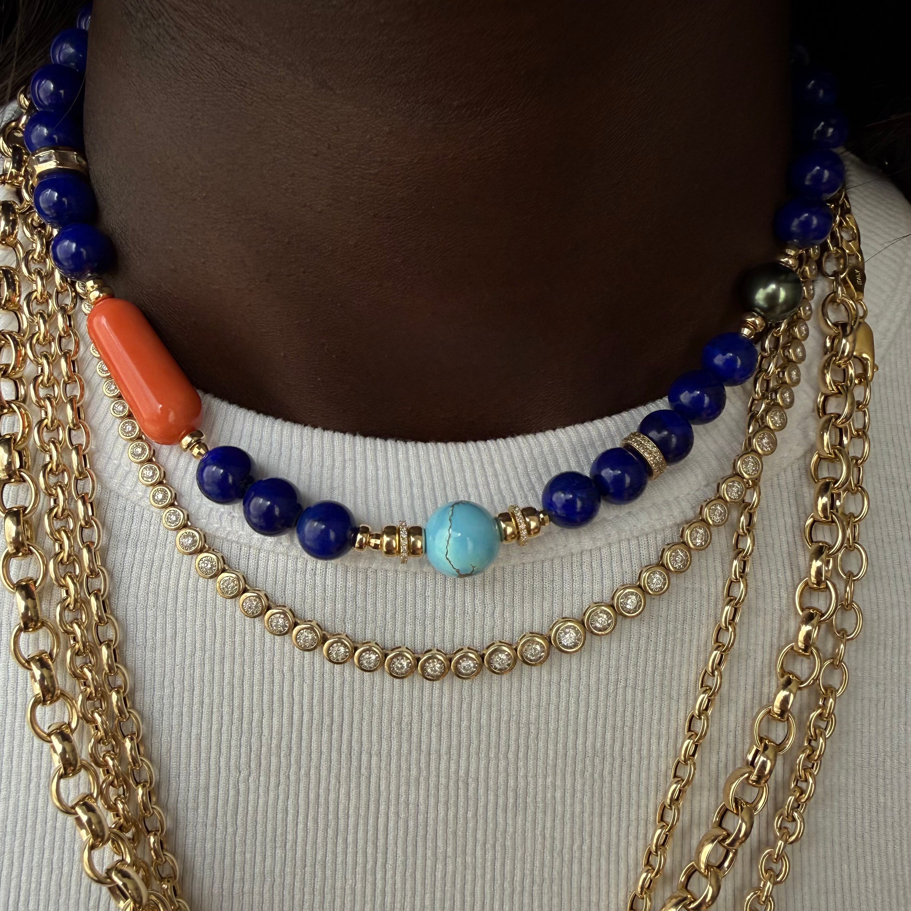 LAPIS, CORAL, TAHITIAN, TURQUOISE & DIAMOND NECKLACE