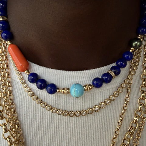 LAPIS, CORAL, TAHITIAN, TURQUOISE & DIAMOND NECKLACE