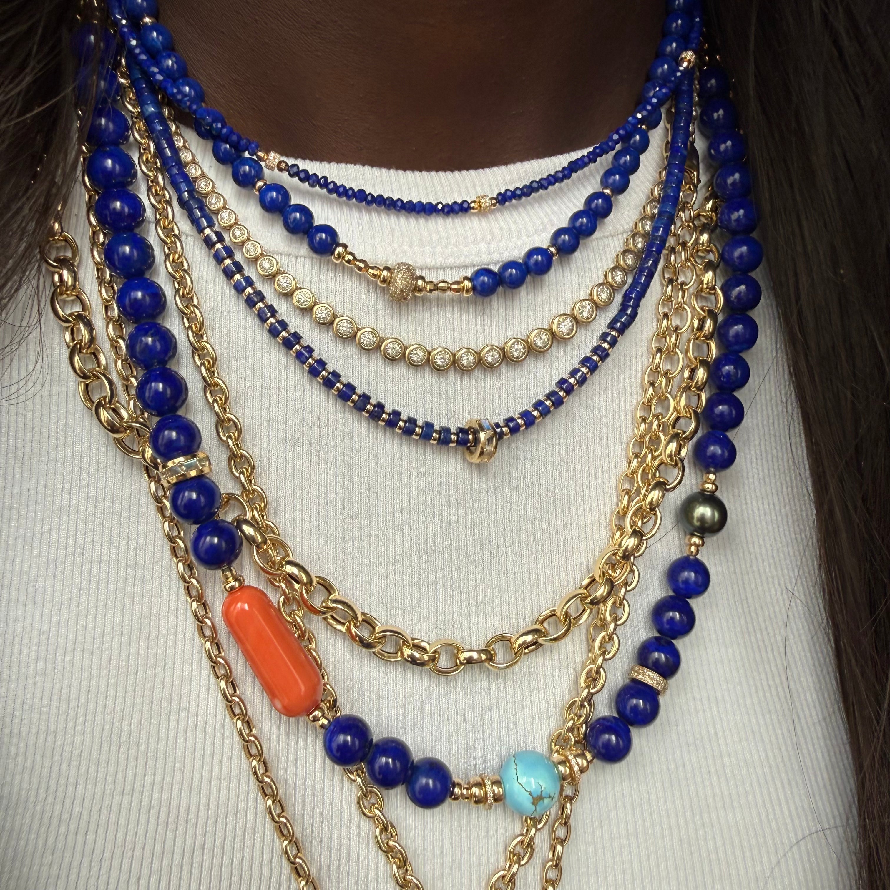 LAPIS, CORAL, TAHITIAN, TURQUOISE & DIAMOND NECKLACE
